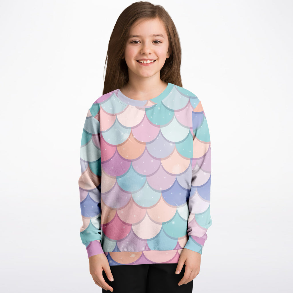 Girls Rainbow Mermaid Scales Sweatshirt – Cozy Cotton Fleece or Lightweight Sports Fabric