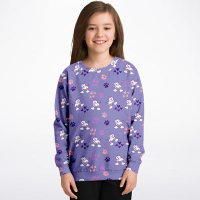 Girls purple caticorns sweatshirt in cozy cotton fleece with white cartoon cats rainbows pink hearts and paw prints