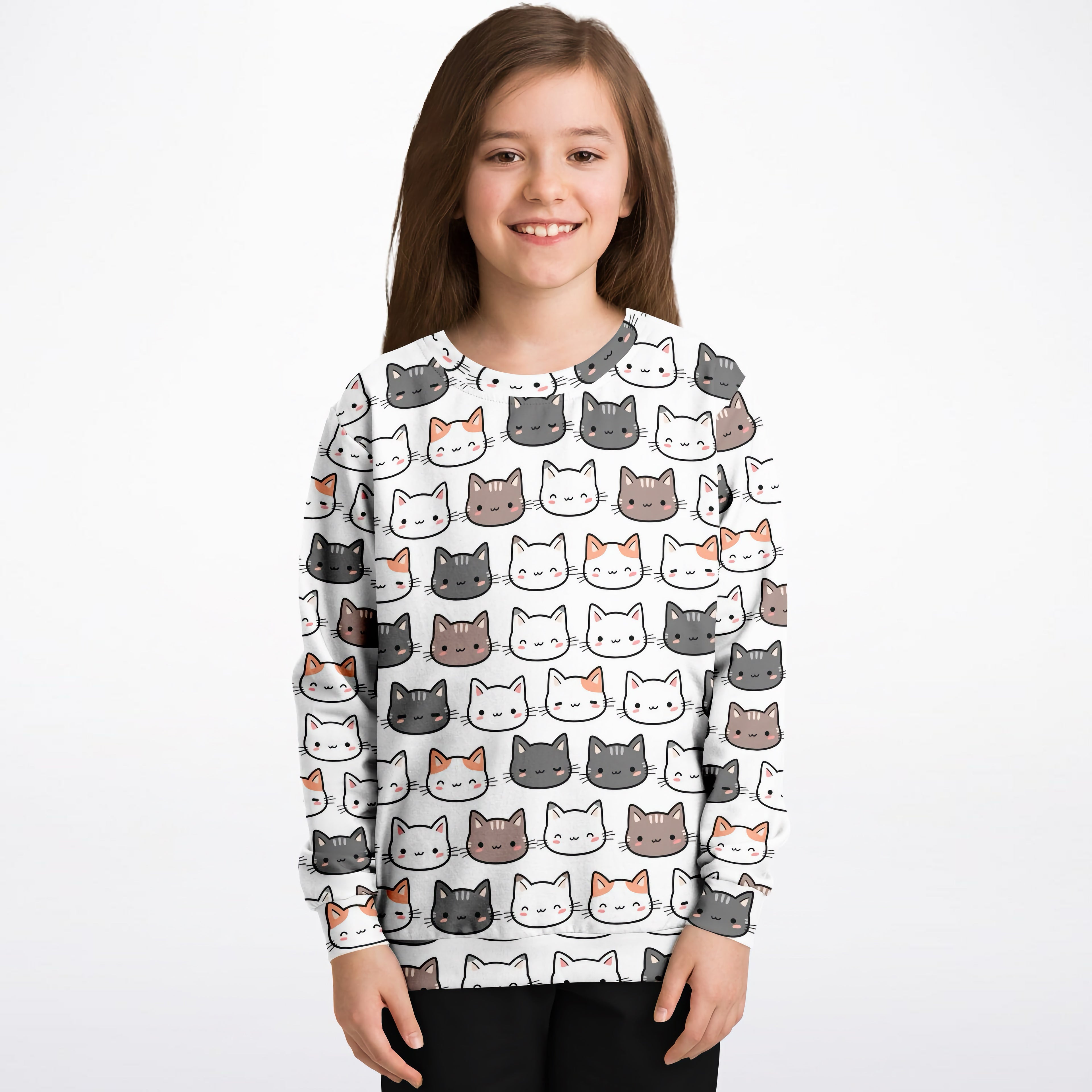 Girls Cute Cat Sweatshirt – Cozy Cotton Fleece or Lightweight Sports Fabric