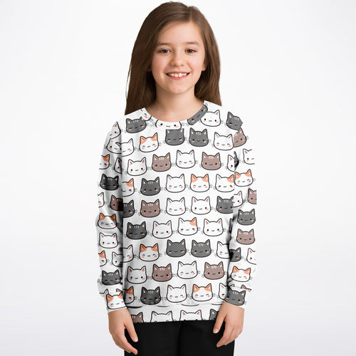 White girls sweatshirt with colorful cartoon cat faces made of cozy cotton fleece or lightweight sports fabric