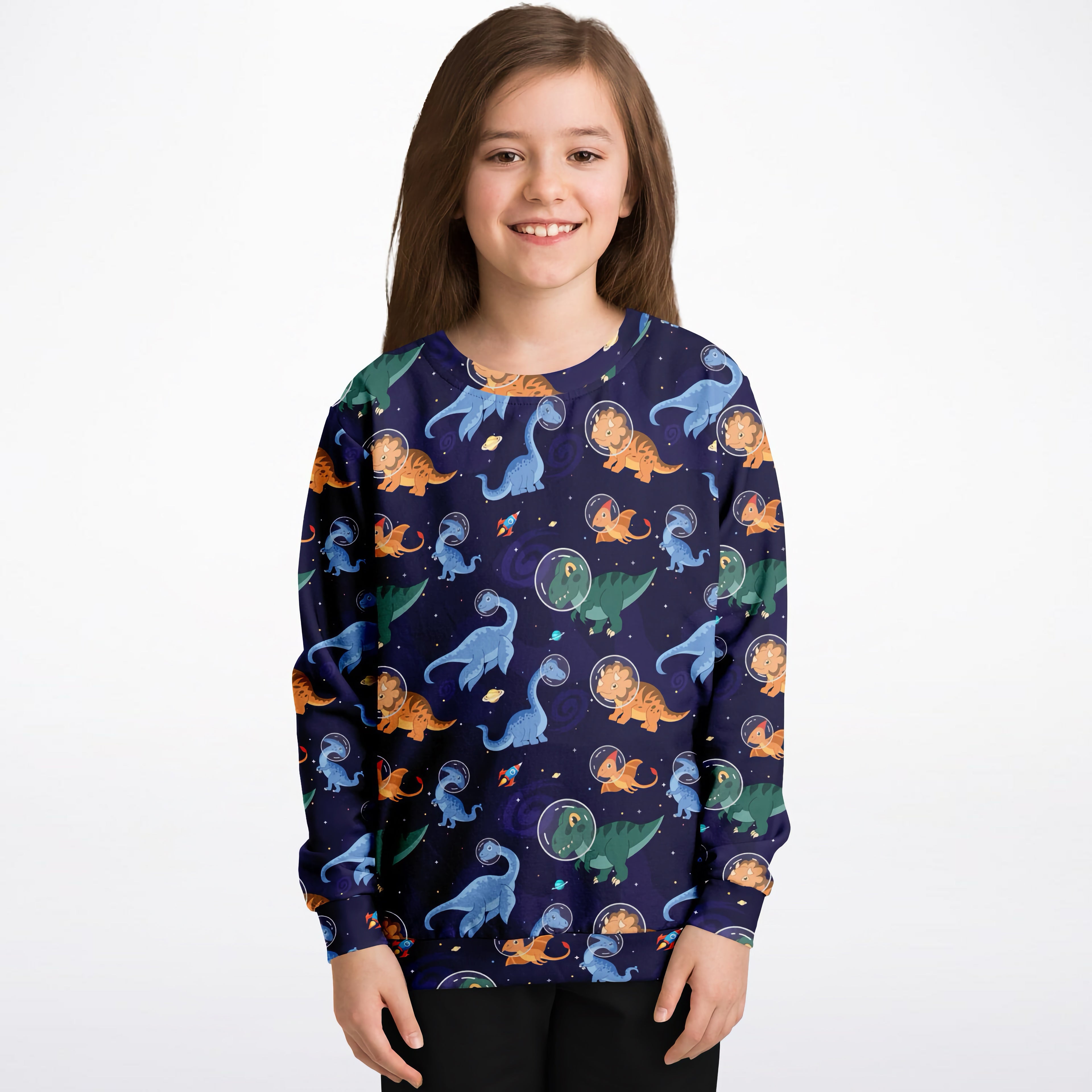 Kids space dinosaur sweatshirt navy blue long-sleeved cotton fleece with cartoon astronauts floating among stars