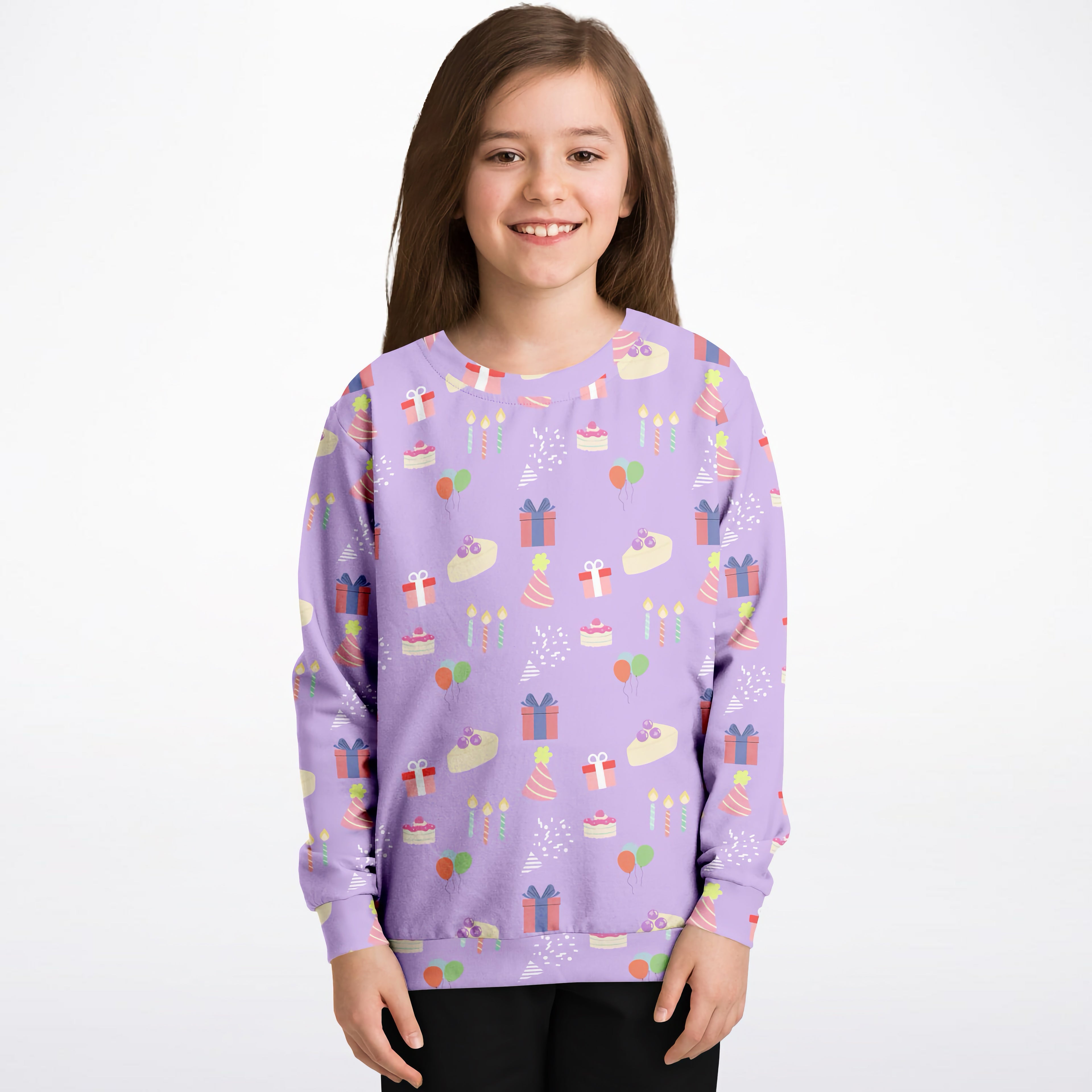 Girls purple birthday pattern sweatshirt featuring lavender cotton fleece with playful cakes presents and balloons design
