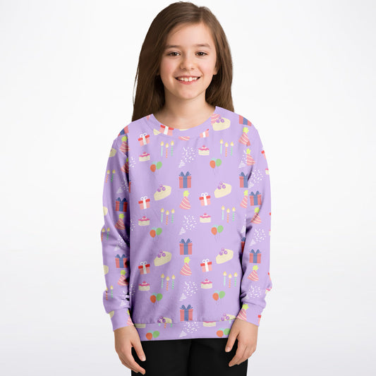 Girls Purple Birthday Pattern Sweatshirt – Cozy Cotton Fleece or Lightweight Sports Fabric