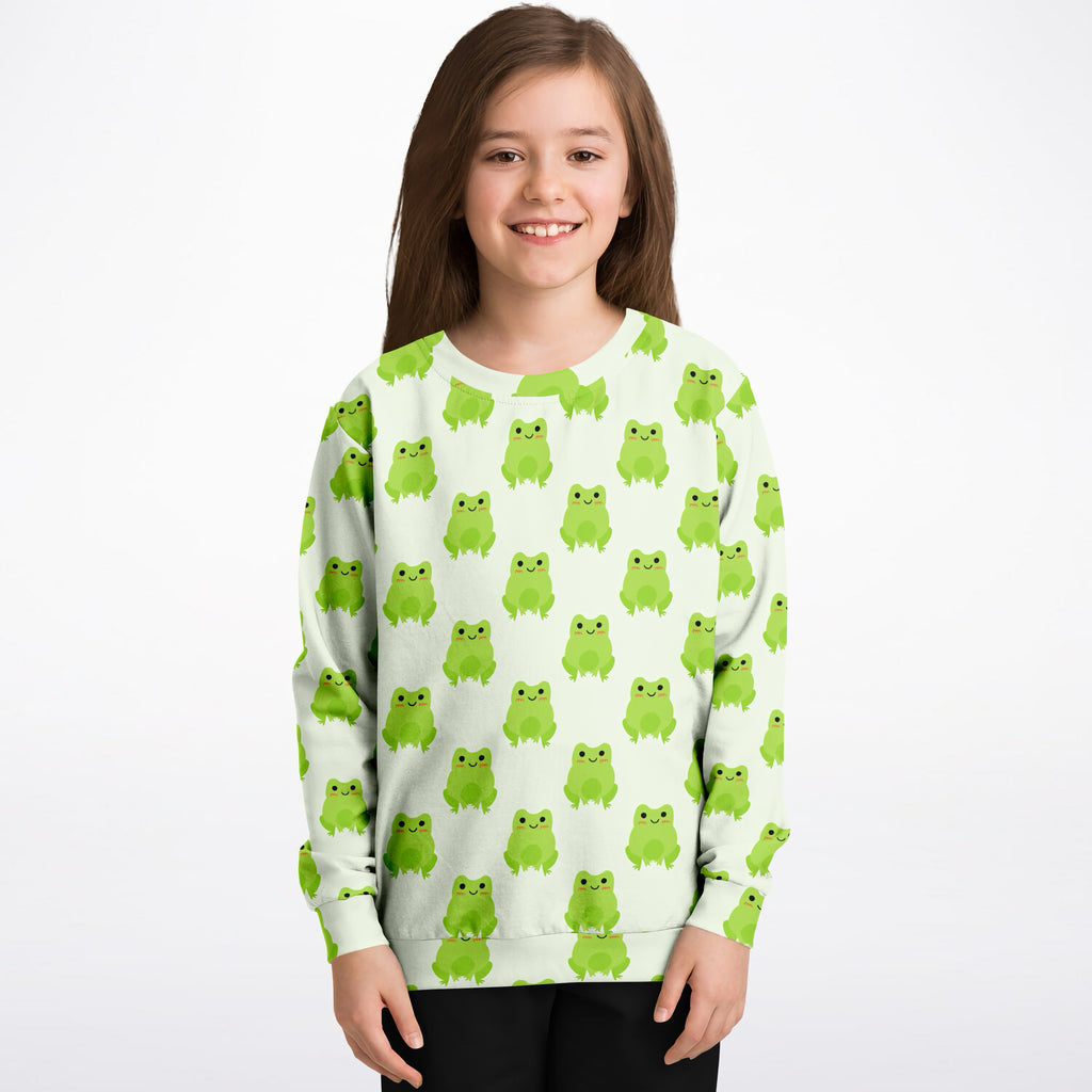 Kids green frog sweatshirt with cozy crew neck long sleeves made of soft cotton fleece or lightweight sports fabric