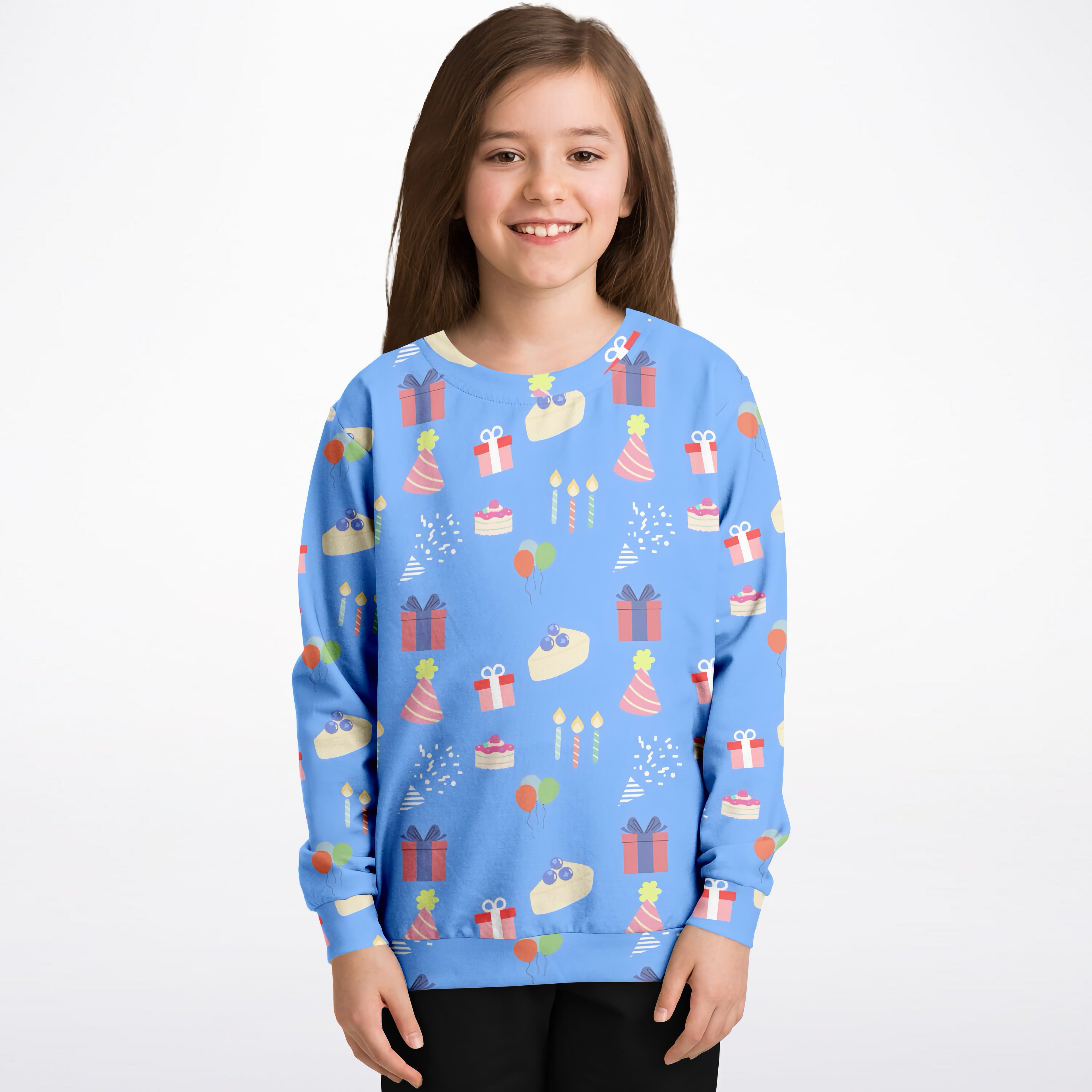 Kids blue birthday pattern sweatshirt in cozy cotton fleece with festive gift, cake, party hat, and candle prints