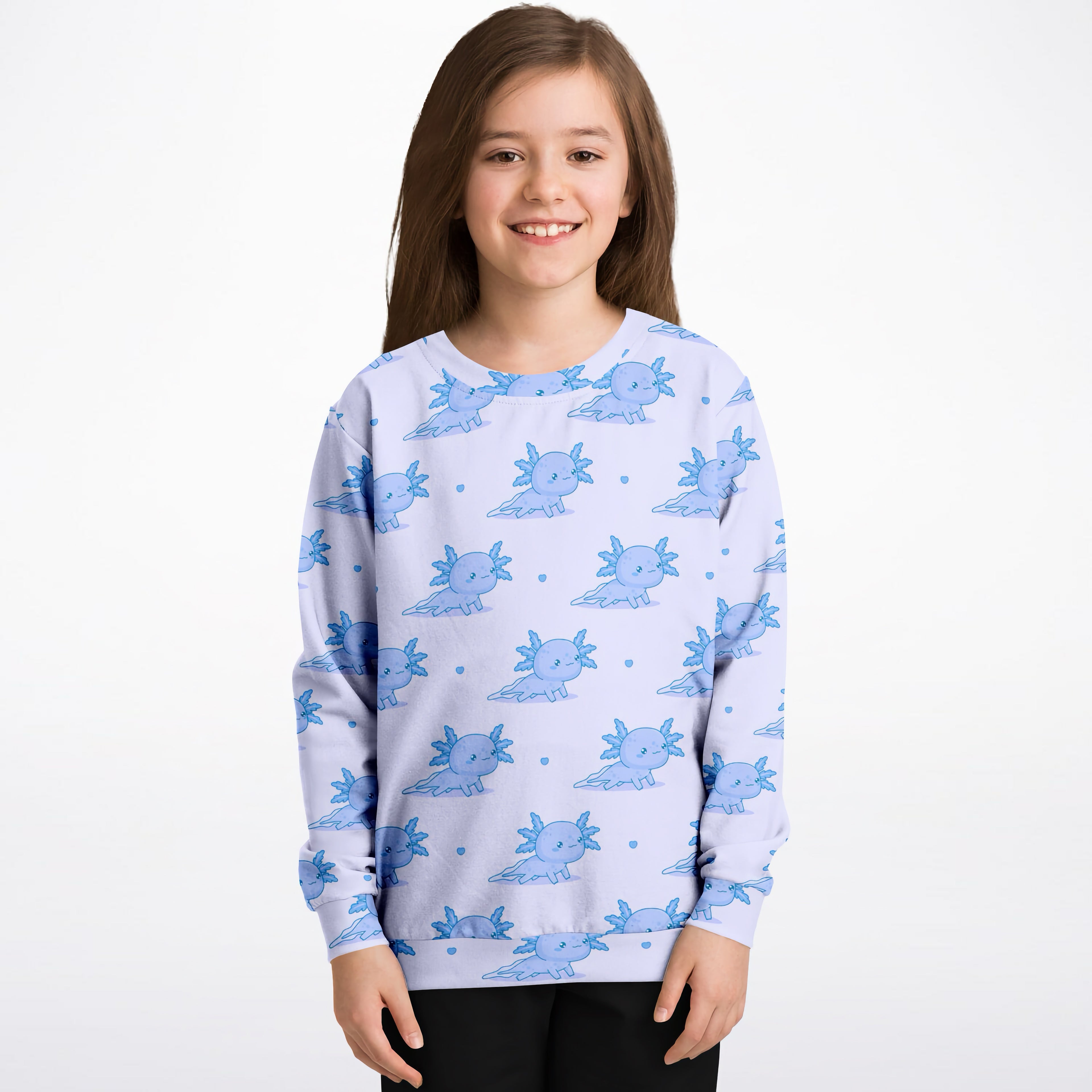 Kids Blue Axolotl Sweatshirt – Cozy Cotton Fleece or Lightweight Sports Fabric