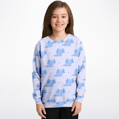 Kids Blue Axolotl Sweatshirt – Cozy Cotton Fleece or Lightweight Sports Fabric