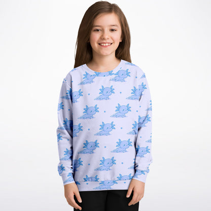 Kids Blue Axolotl Sweatshirt – Cozy Cotton Fleece or Lightweight Sports Fabric