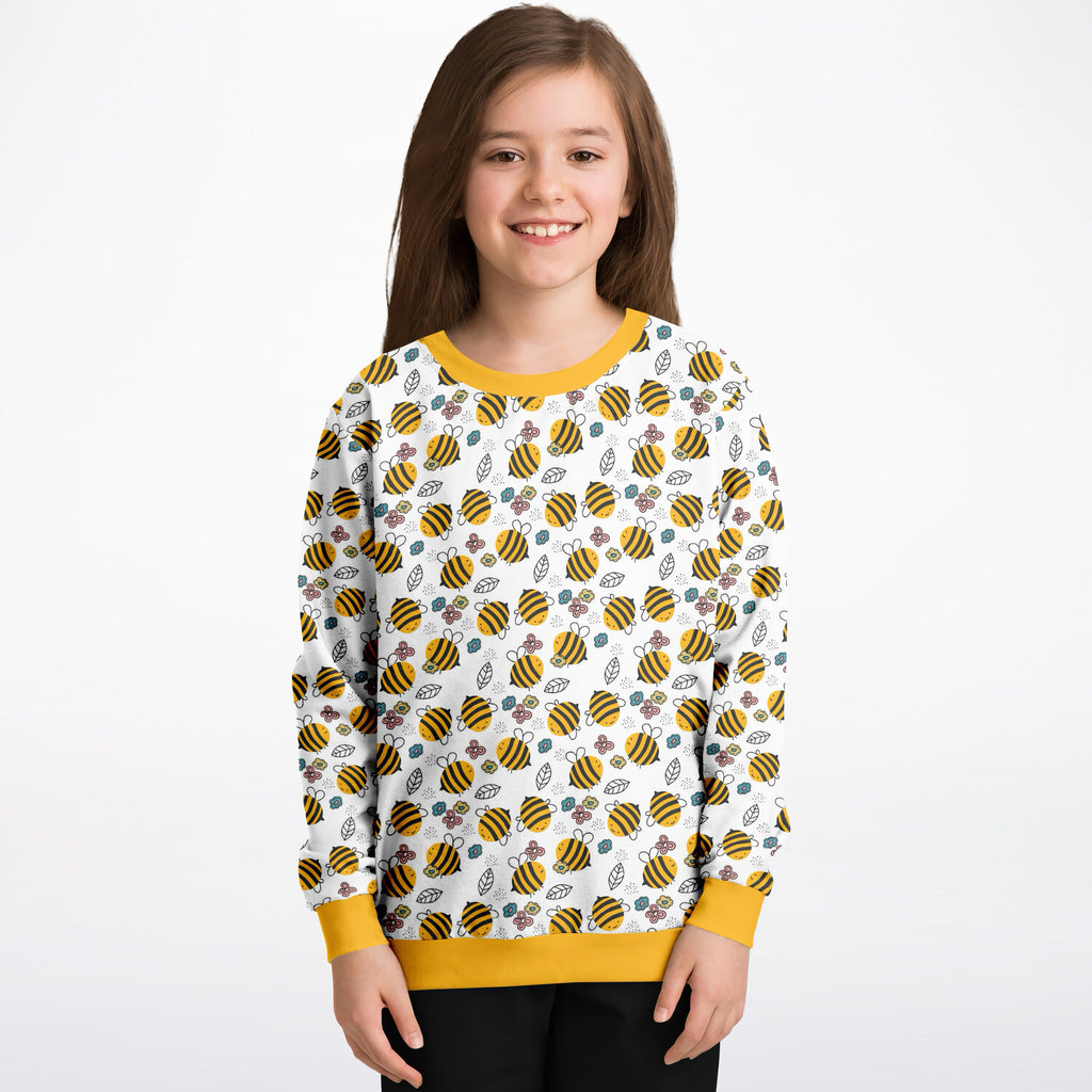 Kids bumble bee sweatshirt white cotton fleece with yellow ribbed collar and cuffs and playful bee pattern