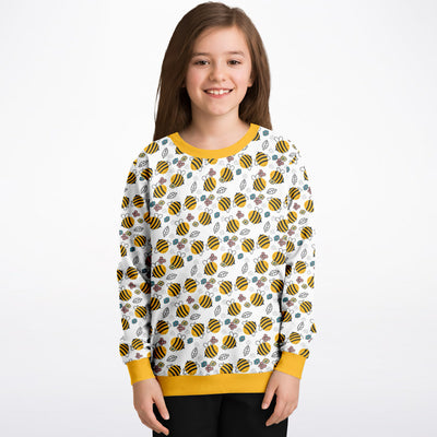 Kids bumble bee sweatshirt white cotton fleece with yellow ribbed collar and cuffs and playful bee pattern