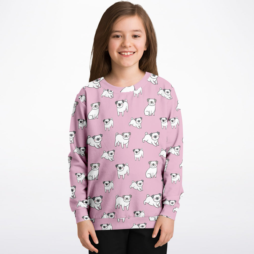 Girls Pink Pug Sweatshirt – Cozy Cotton Fleece or Lightweight Sports Fabric