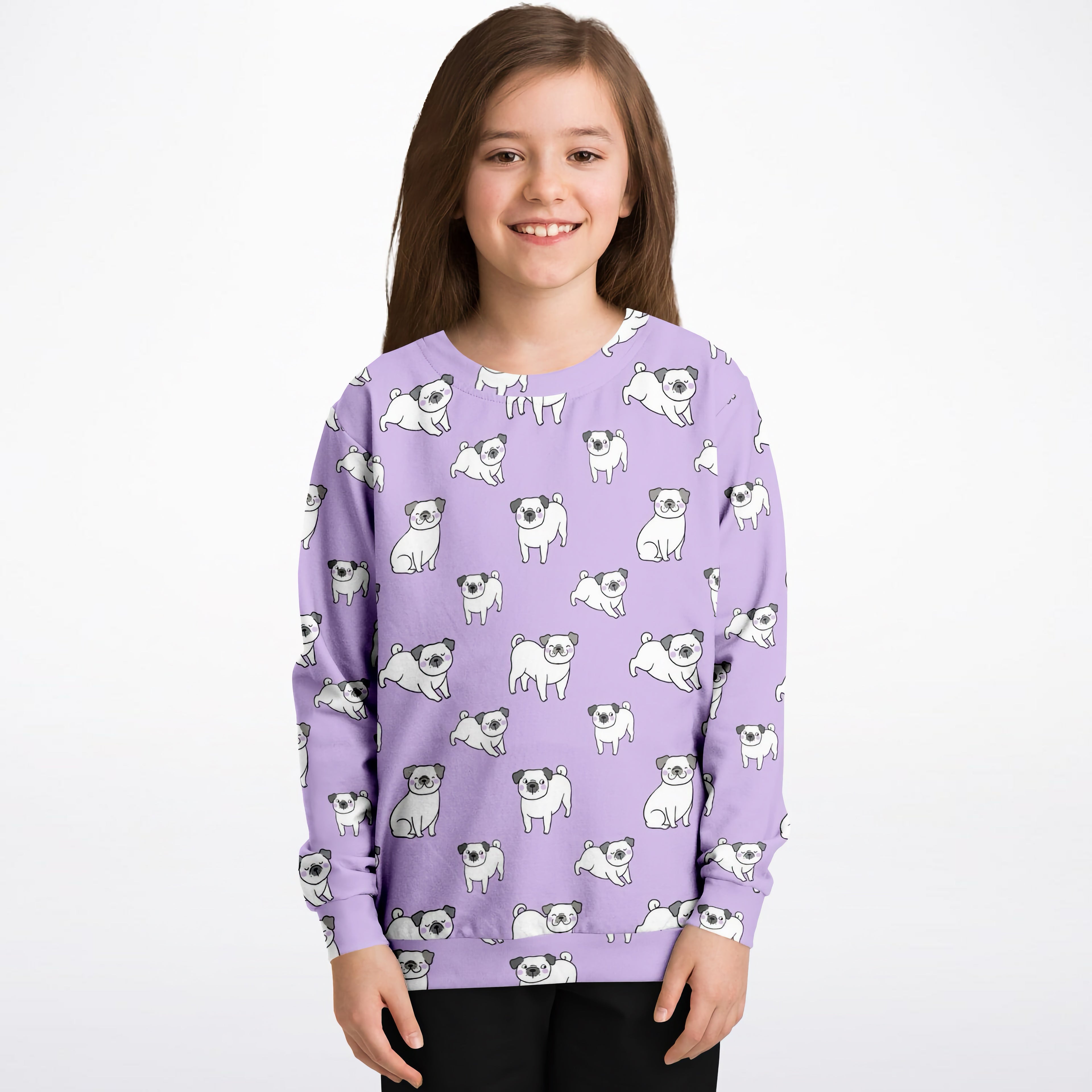 Girls purple pug sweatshirt in cozy cotton fleece with playful all-over cartoon pug print and long sleeves