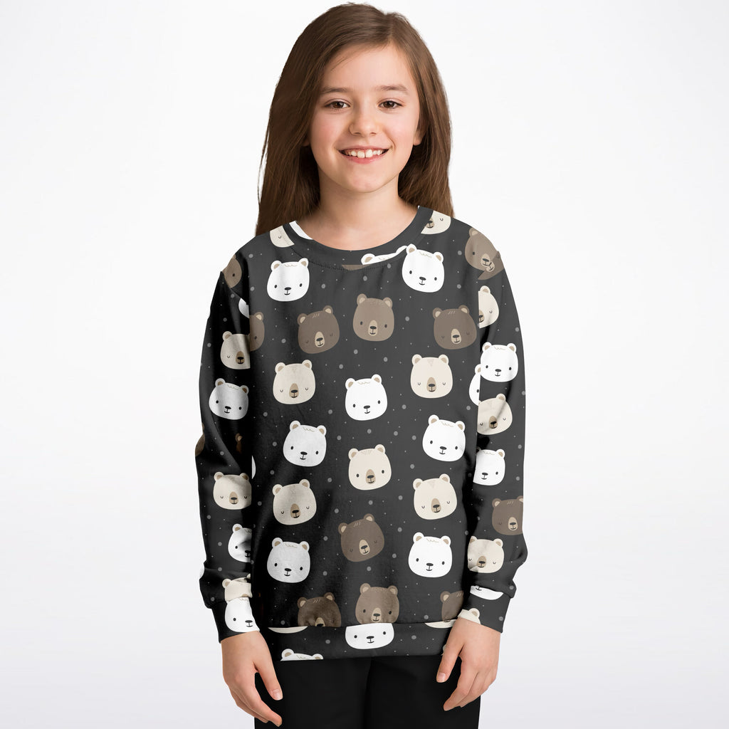Black kids bear face sweatshirt with white and brown cartoon bears made of cozy cotton fleece fabric