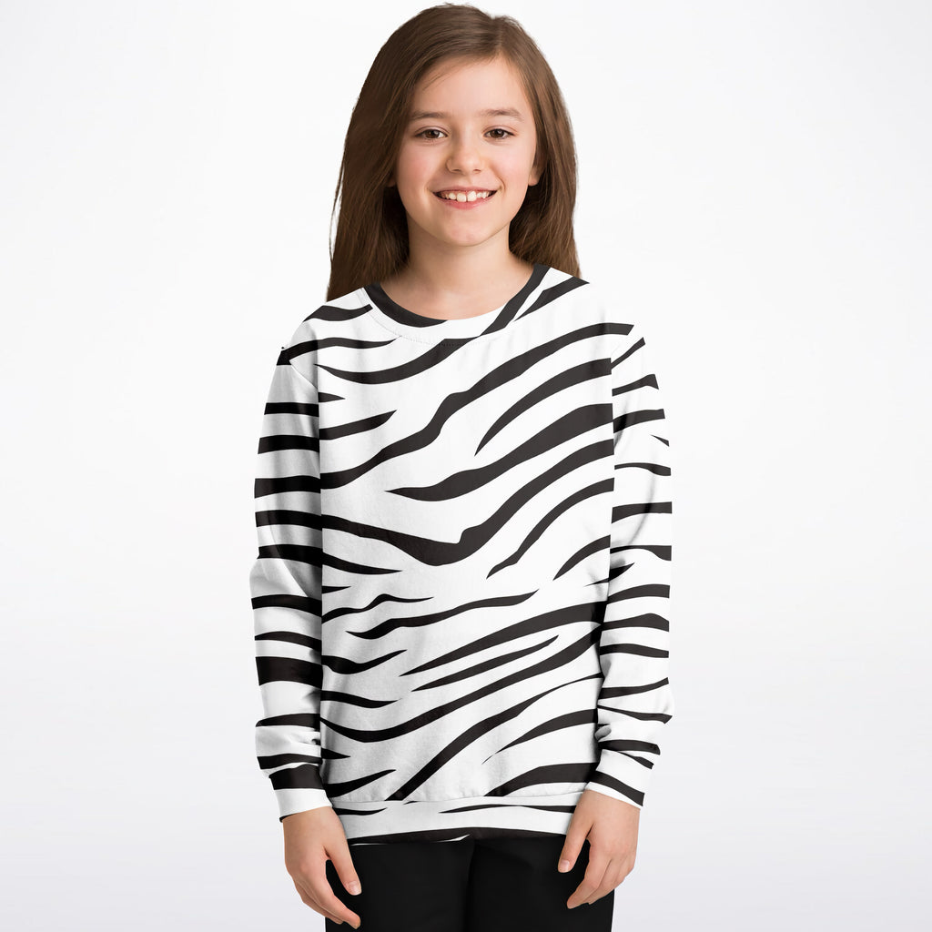 Kids zebra print sweatshirt in black and white cotton fleece with long sleeves and crew neck for cozy comfort