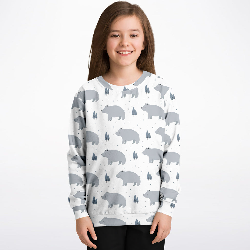 White kids polar bear sweatshirt with gray bear and tree pattern made of cozy cotton fleece or lightweight sports fabric