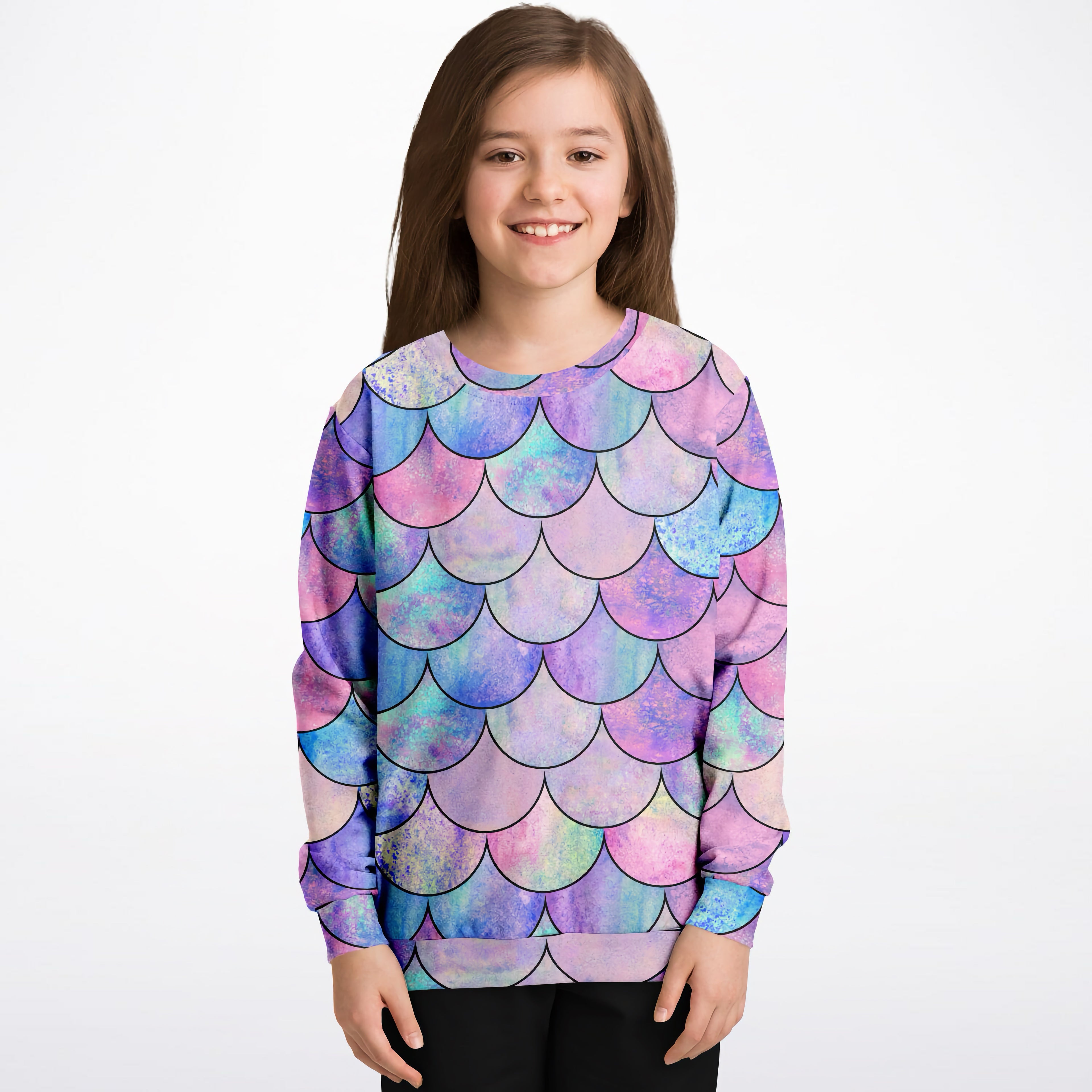 Girls Pastel Mermaid Scales Sweatshirt – Cozy Cotton Fleece or Lightweight Sports Fabric