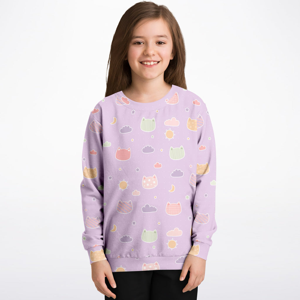 Girls Pastel Purple Kawaii Cats & Clouds Sweatshirt – Cozy Cotton Fleece or Lightweight Sports Fabric