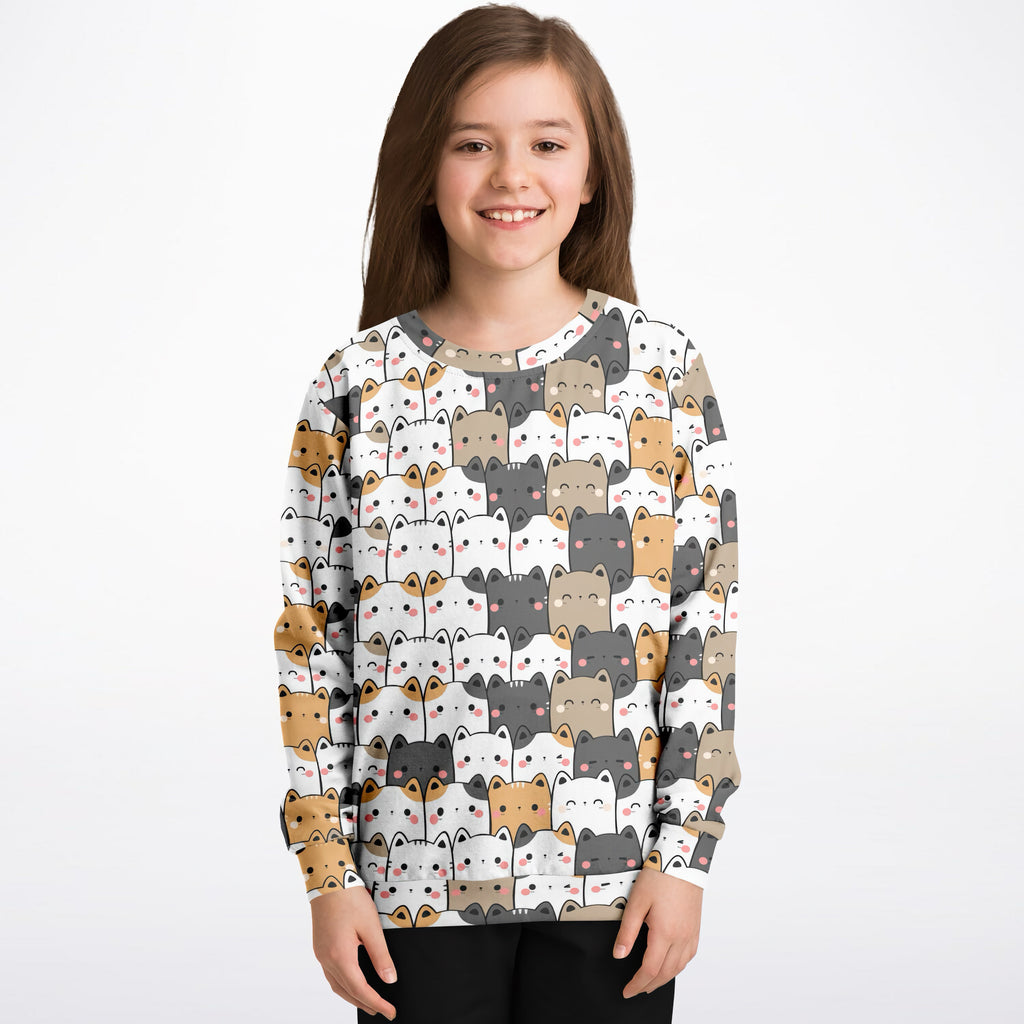 Girls Kawaii Cat Sweatshirt – Cozy Cotton Fleece or Lightweight Sports Fabric