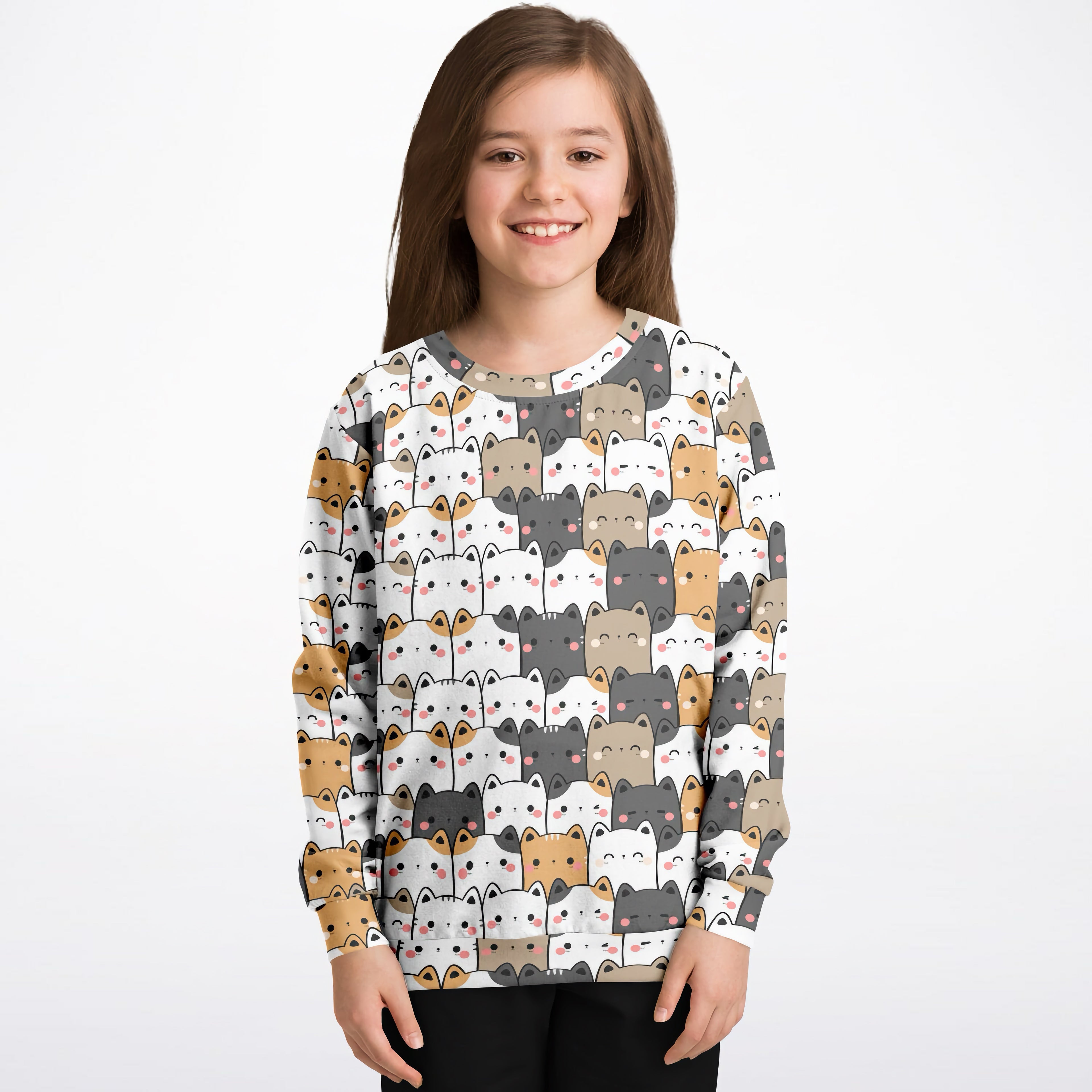 Girls Kawaii Cat Sweatshirt – Cozy Cotton Fleece or Lightweight Sports Fabric