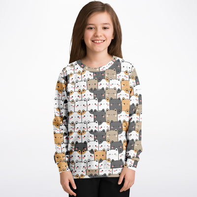 Girls Kawaii Cat Sweatshirt – Cozy Cotton Fleece or Lightweight Sports Fabric