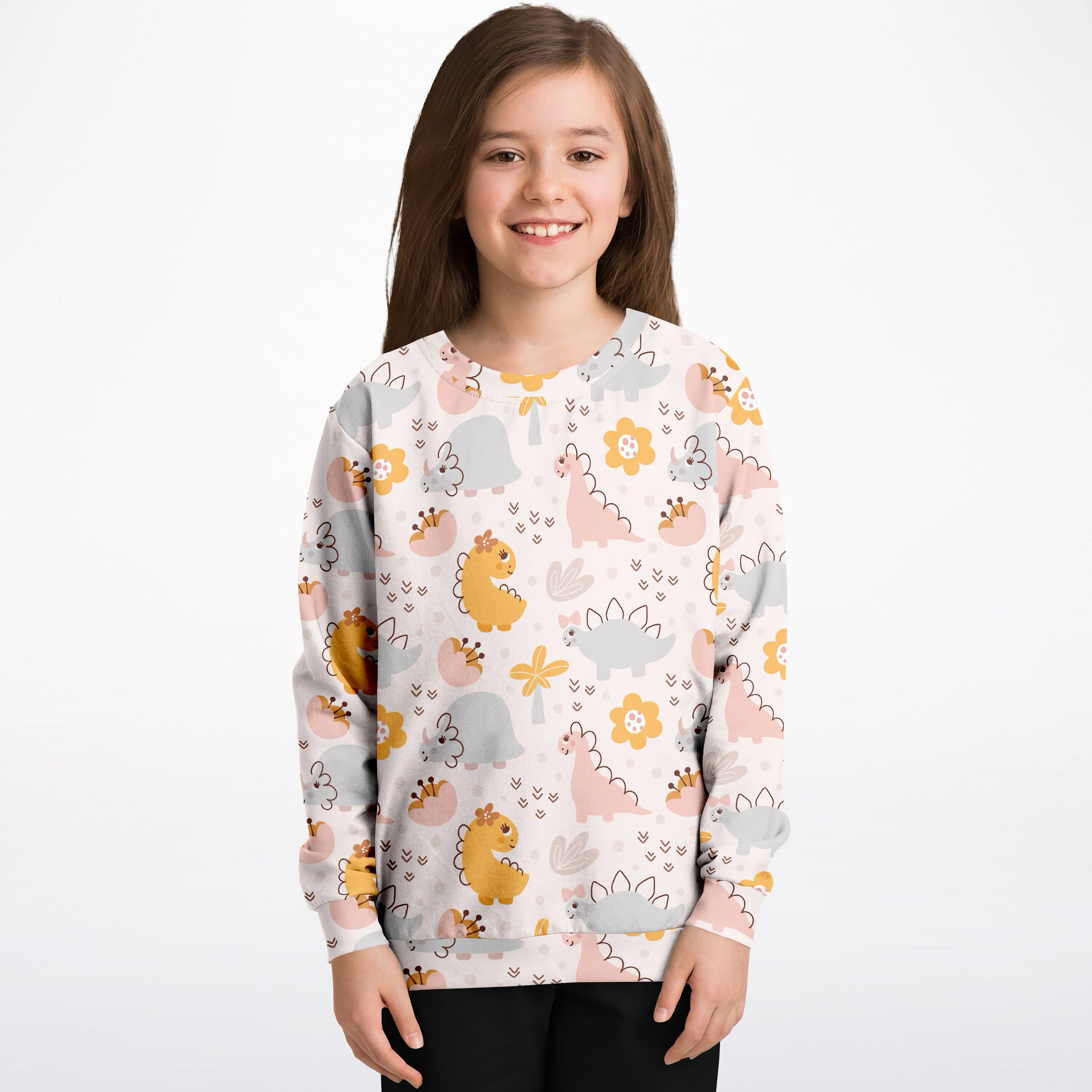 Girls floral dinosaur sweatshirt in cozy cotton fleece with pastel cartoon dinos and flowers on light background