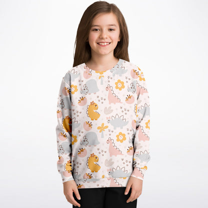 Girls Floral Dinosaur Sweatshirt – Cozy Cotton Fleece or Lightweight Sports Fabric