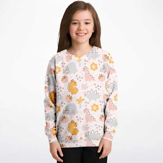 Girls Floral Dinosaur Sweatshirt – Cozy Cotton Fleece or Lightweight Sports Fabric