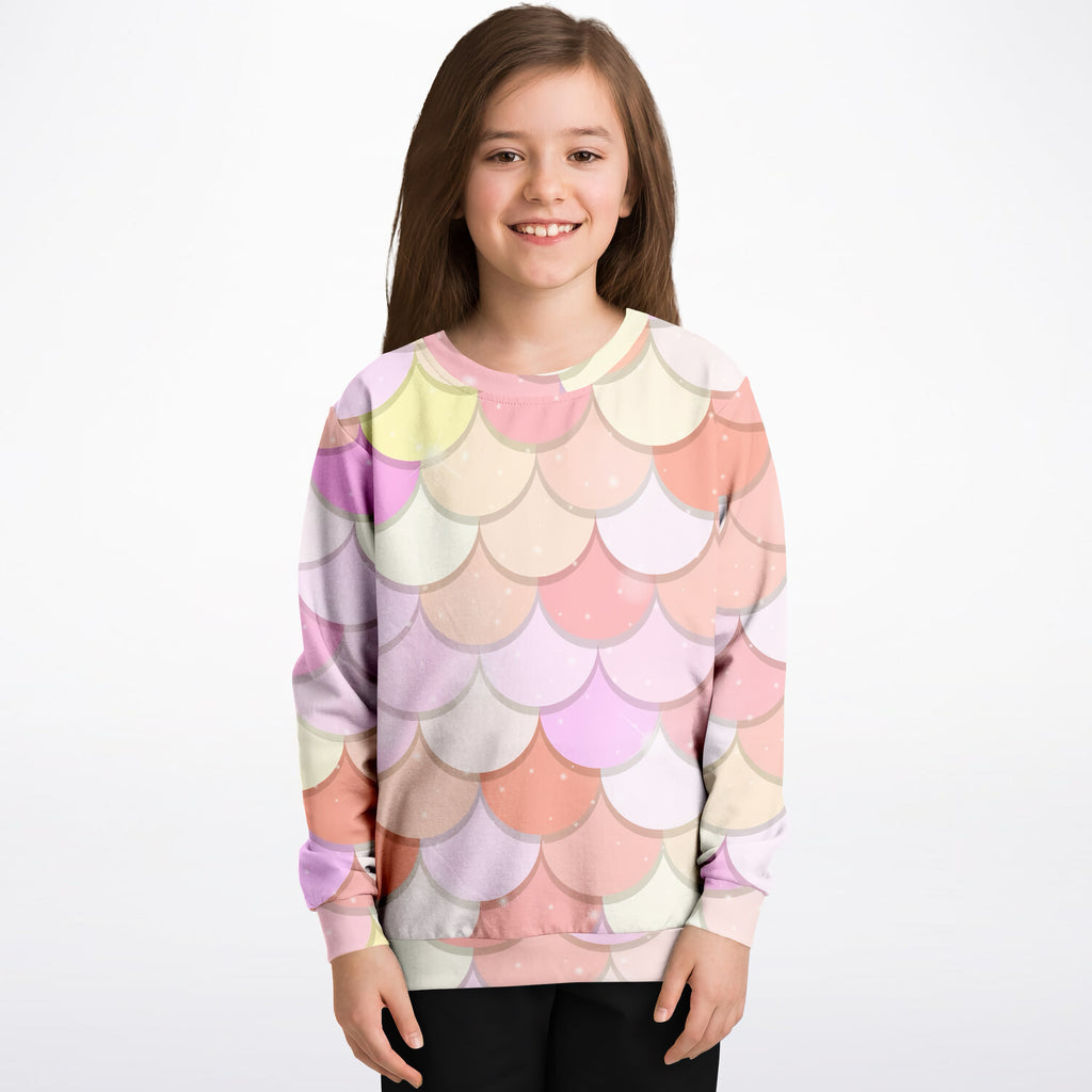 Girls pink mermaid scales sweatshirt with pastel-colored mermaid scale pattern cozy cotton fleece fabric