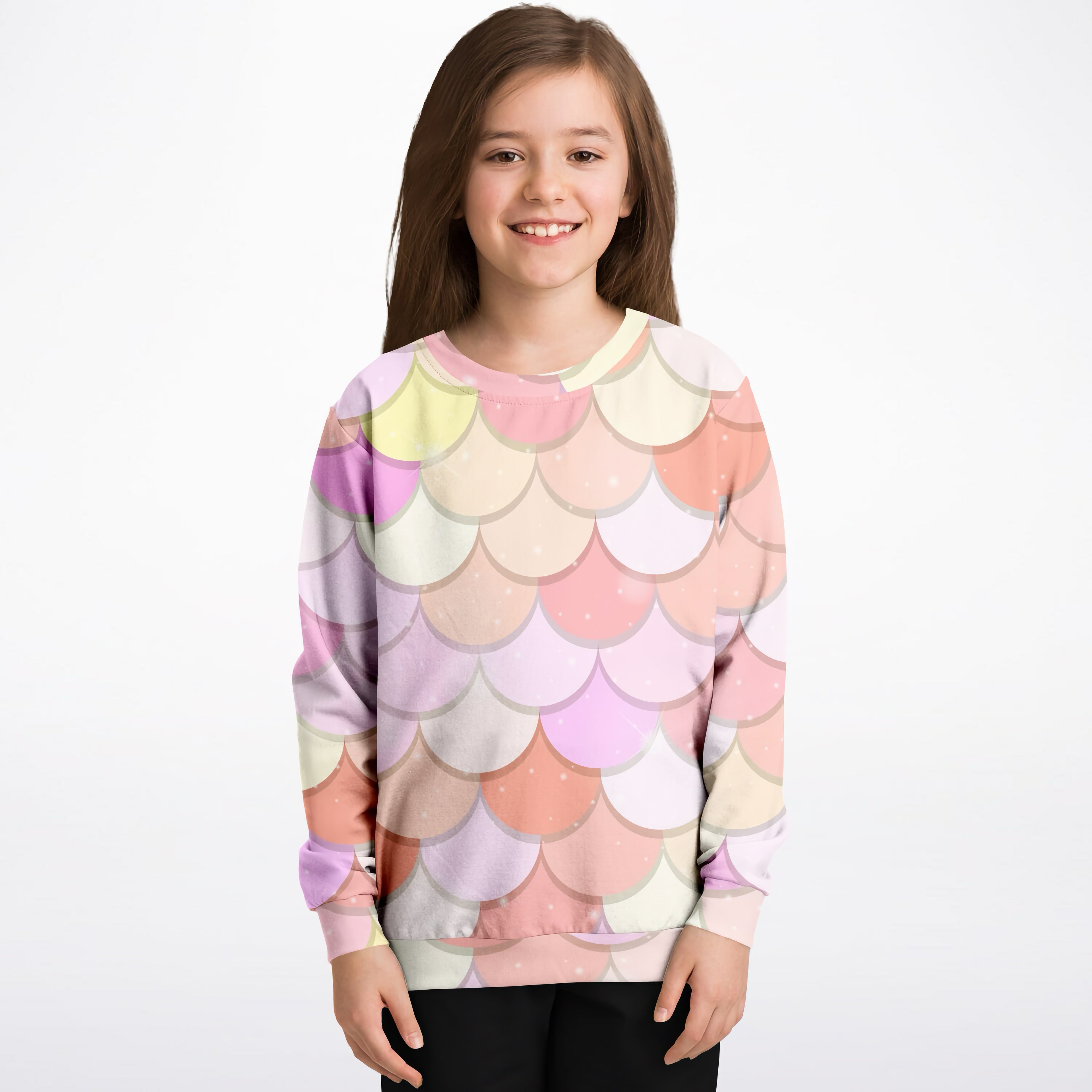 Girls pink mermaid scales sweatshirt with pastel-colored mermaid scale pattern cozy cotton fleece fabric