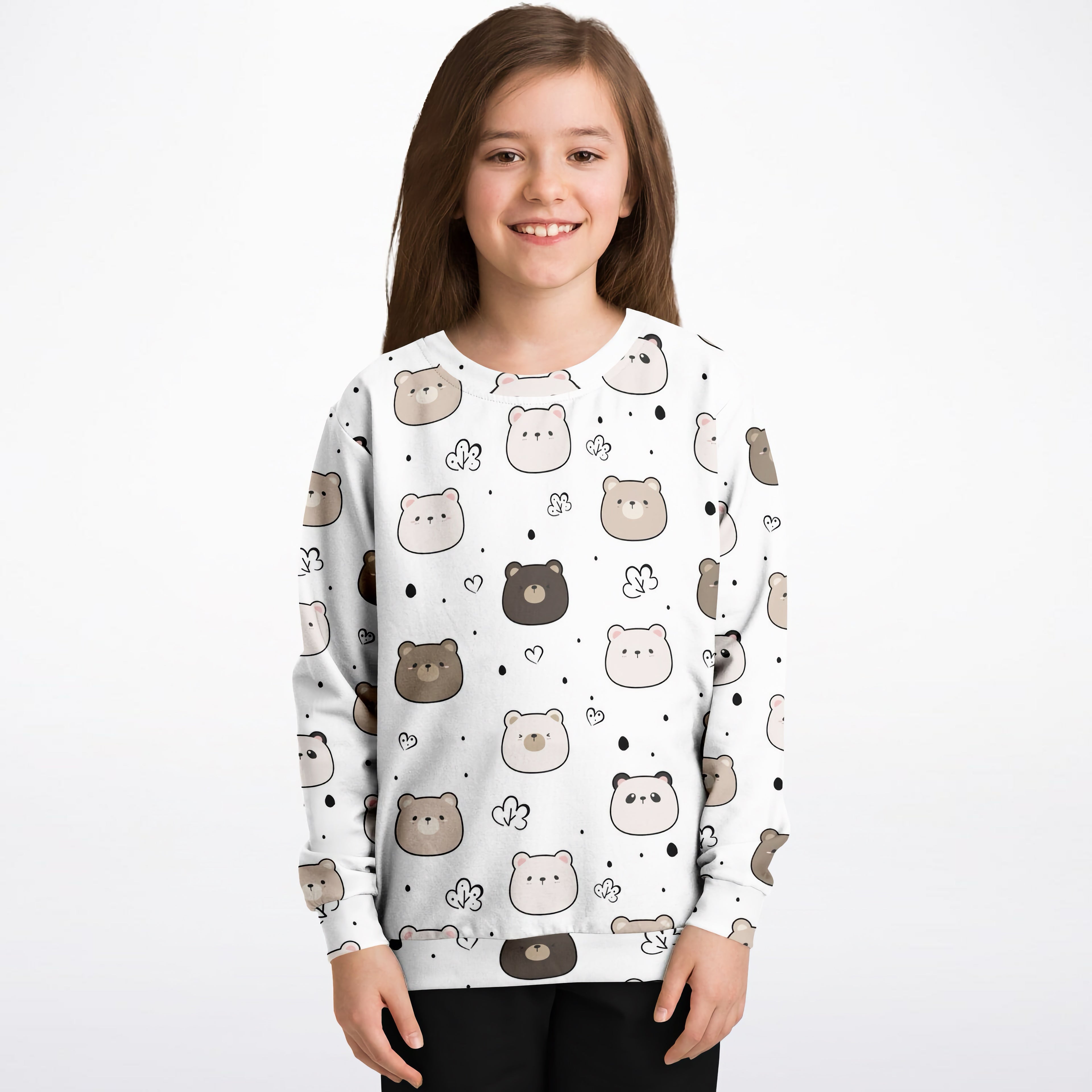White long-sleeved kids sweatshirt with playful brown and beige bear pattern made of cozy cotton fleece