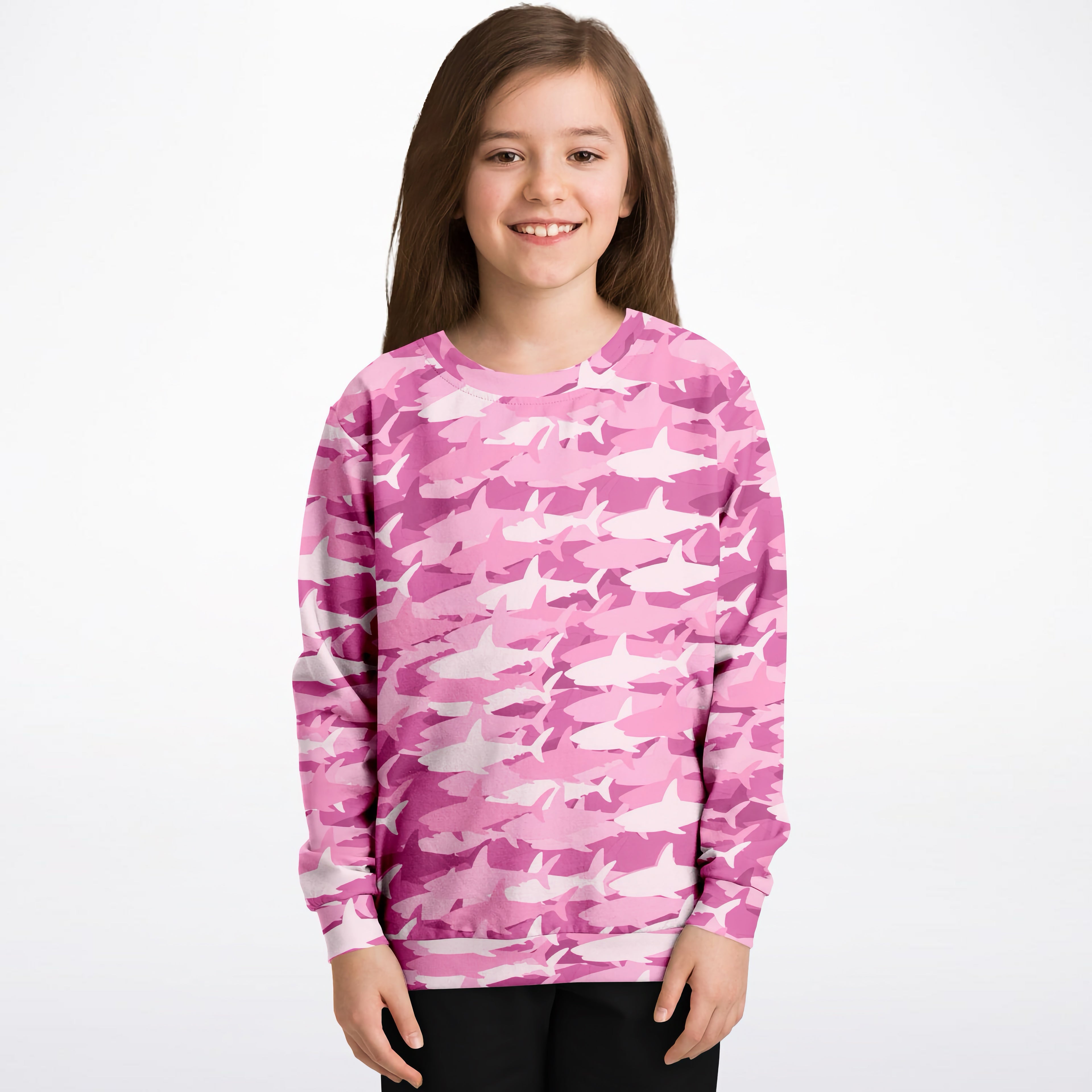 Girls pink and white shark camouflage long-sleeved sweatshirt in cozy cotton fleece or lightweight sports fabric