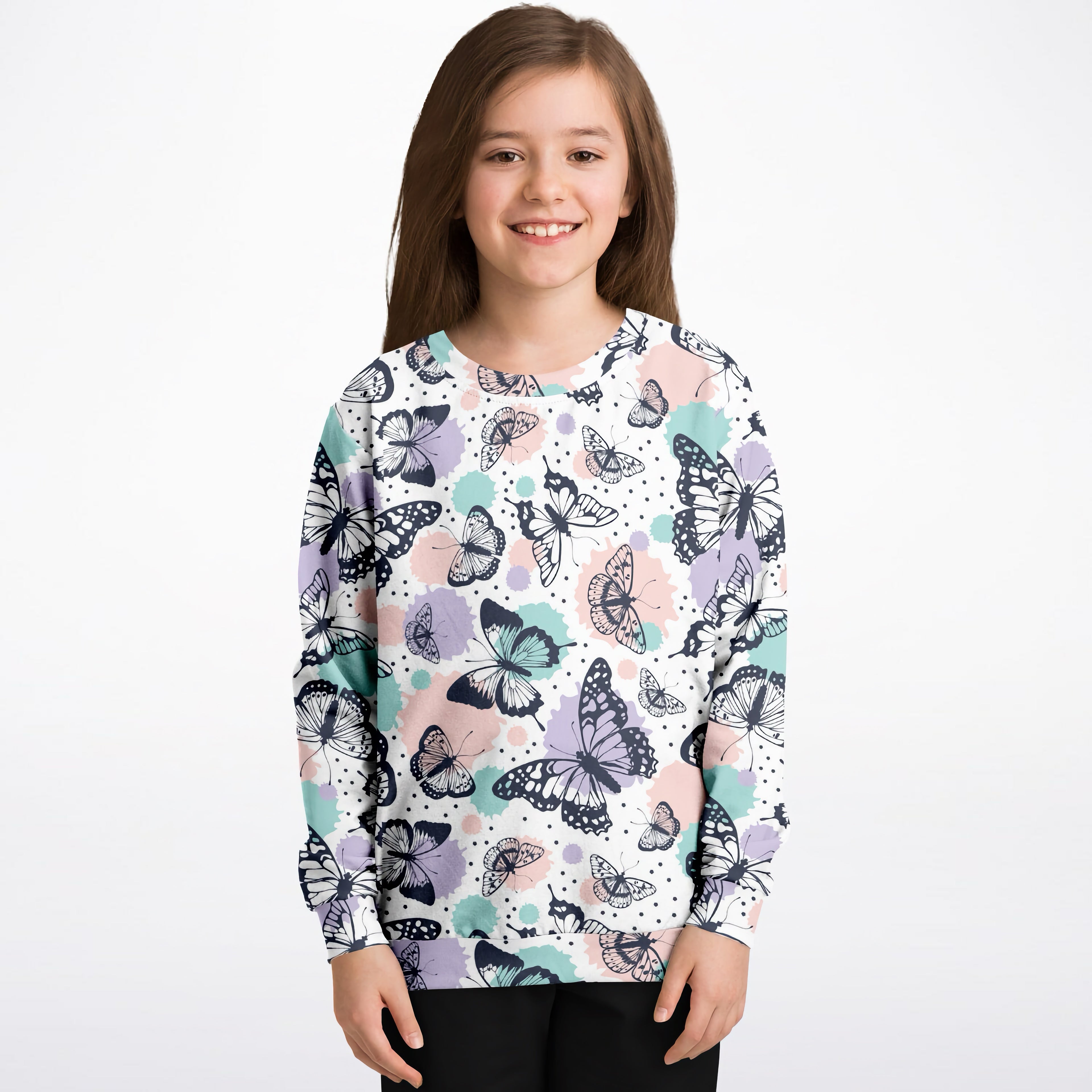 Girls butterfly sweatshirt in white cotton fleece with black purple and teal butterfly pattern and watercolor splashes