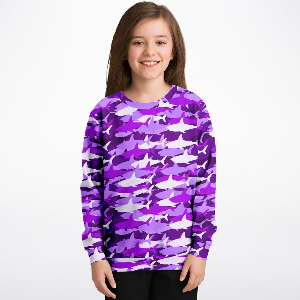 Girls purple and white shark camouflage long sleeve sweatshirt made of cozy cotton fleece or lightweight sports fabric