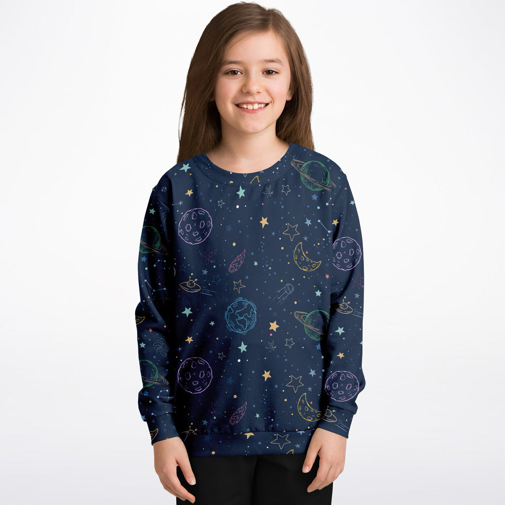A navy blue kids colorful galaxy space sweatshirt with pastel planet prints made of cozy cotton fleece