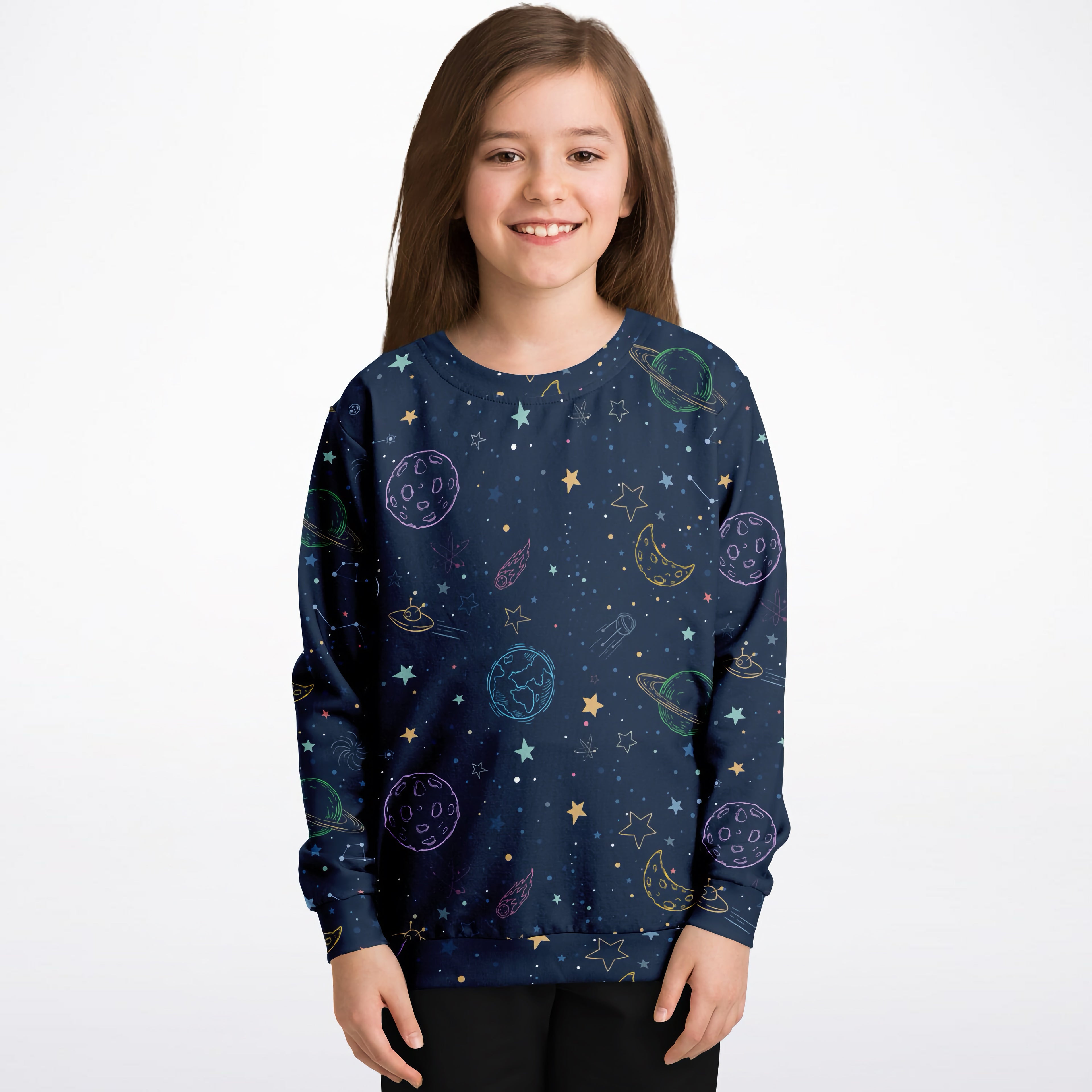 A navy blue kids colorful galaxy space sweatshirt with pastel planet prints made of cozy cotton fleece