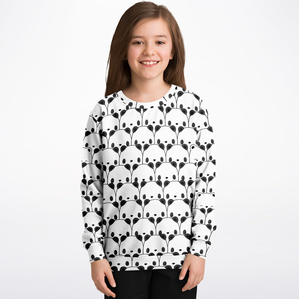 White kids panda sweatshirt featuring a repeating black panda face pattern made of cozy cotton fleece