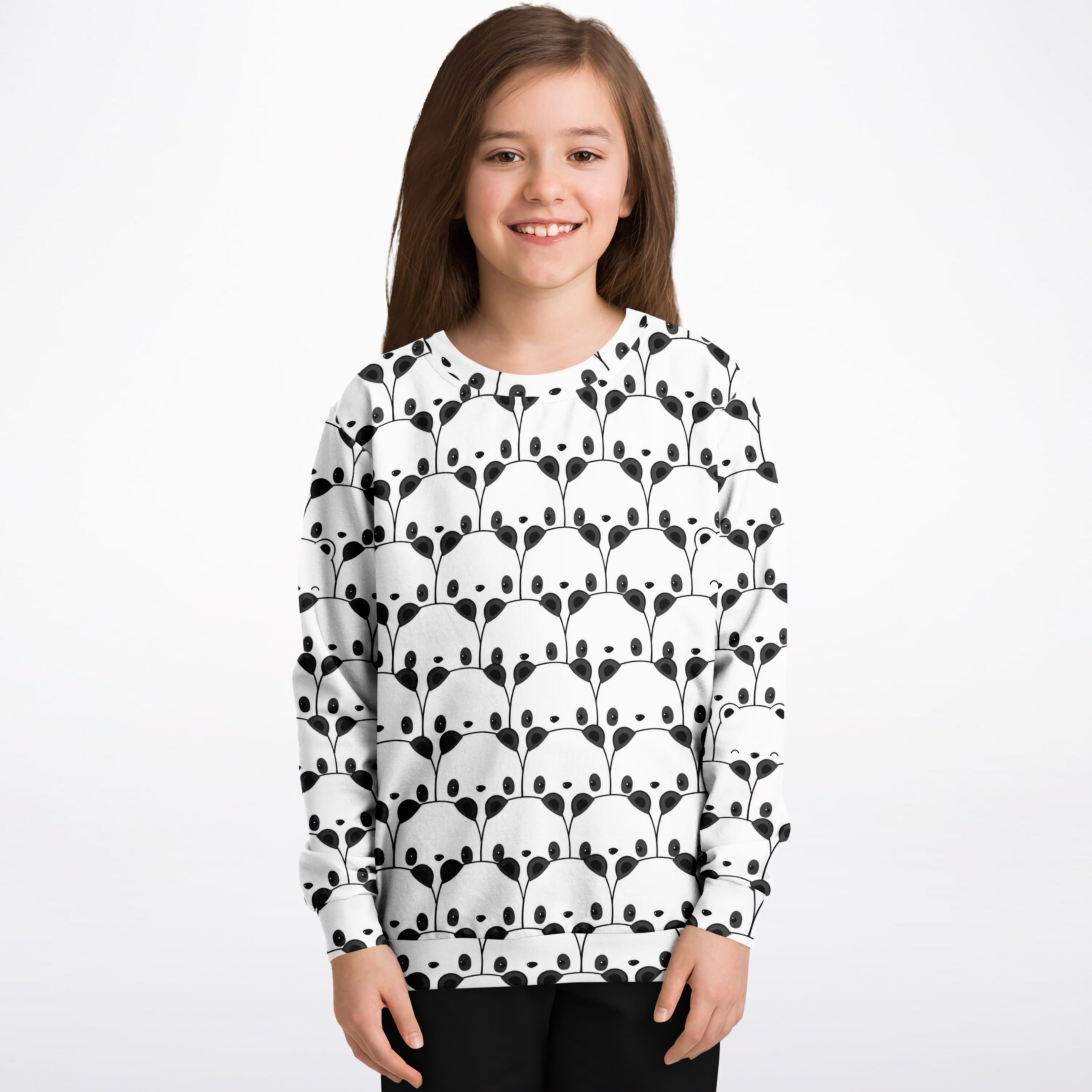 White kids panda sweatshirt featuring a repeating black panda face pattern made of cozy cotton fleece