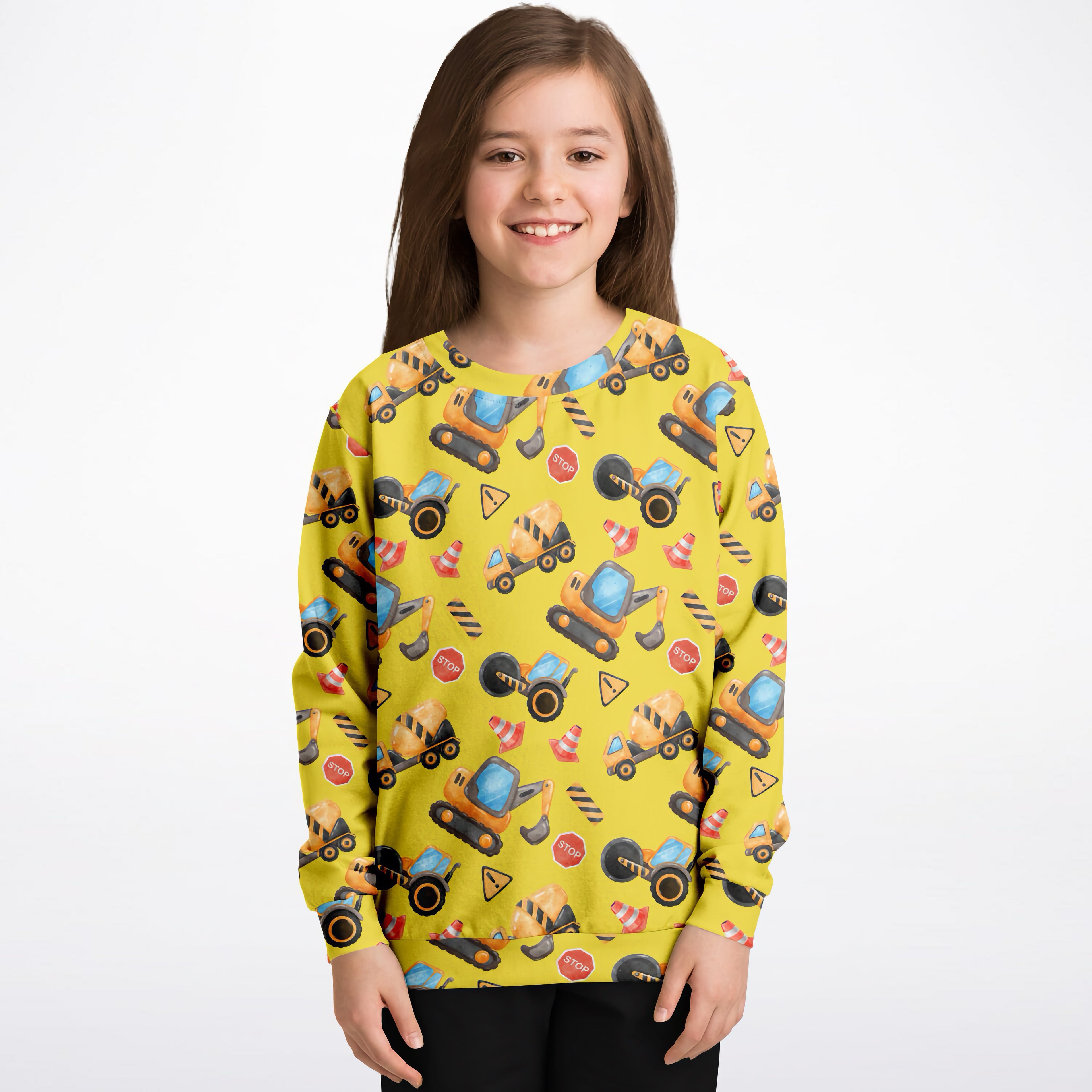 Yellow kids construction themed sweatshirt with playful excavator dump truck print cozy cotton fleece