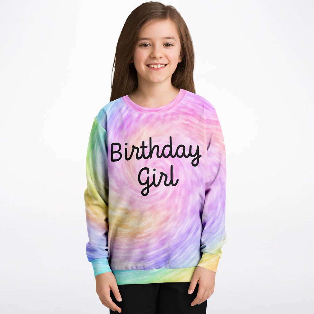 Girls birthday girl pastel tie dye sweatshirt in cozy cotton fleece with black cursive script print