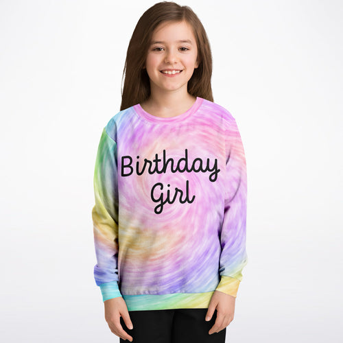 Girls birthday girl pastel tie dye sweatshirt in cozy cotton fleece with black cursive script print