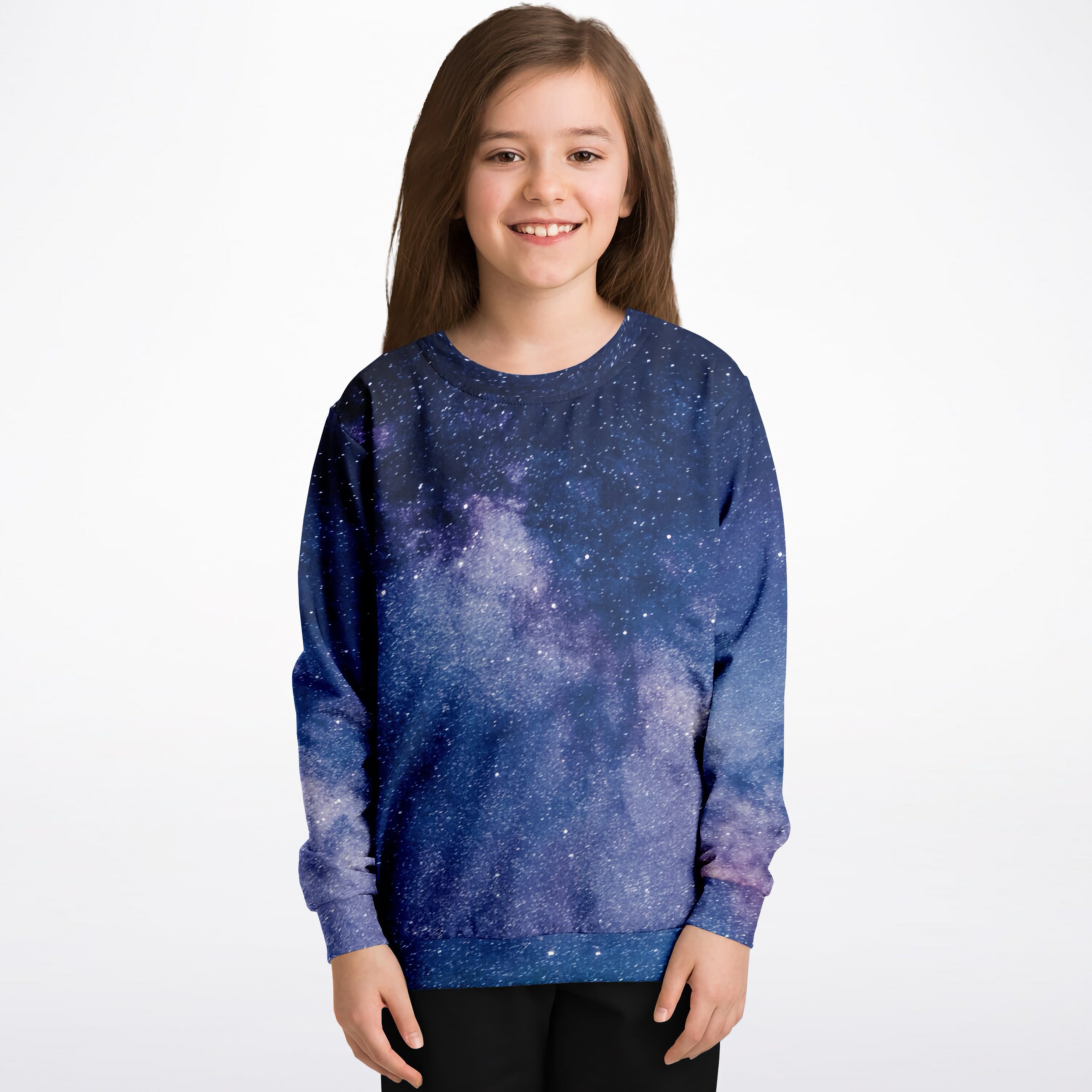 Kids galaxy-themed long-sleeved sweatshirt in navy blue and purple with soft cotton fleece or lightweight fabric