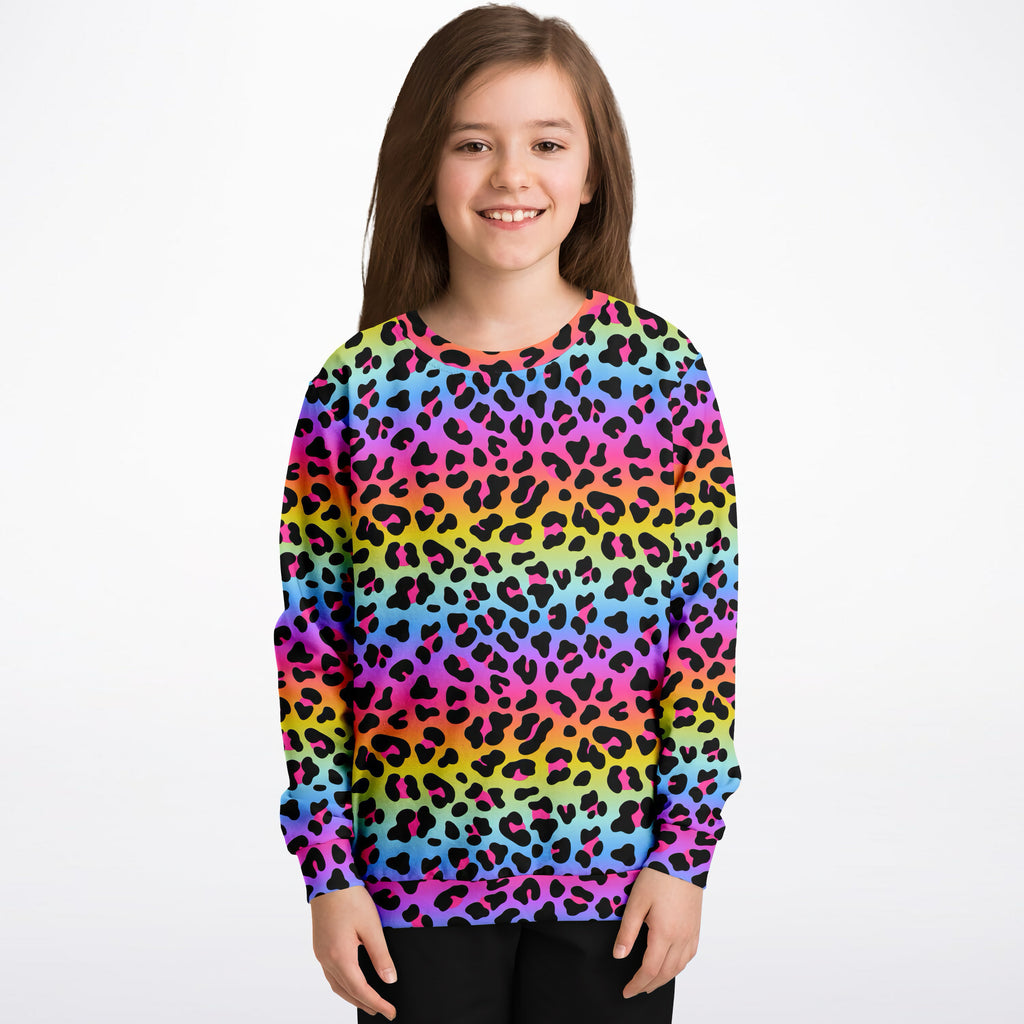 Girls Rainbow Leopard Sweatshirt – Cozy Cotton Fleece or Lightweight Sports Fabric