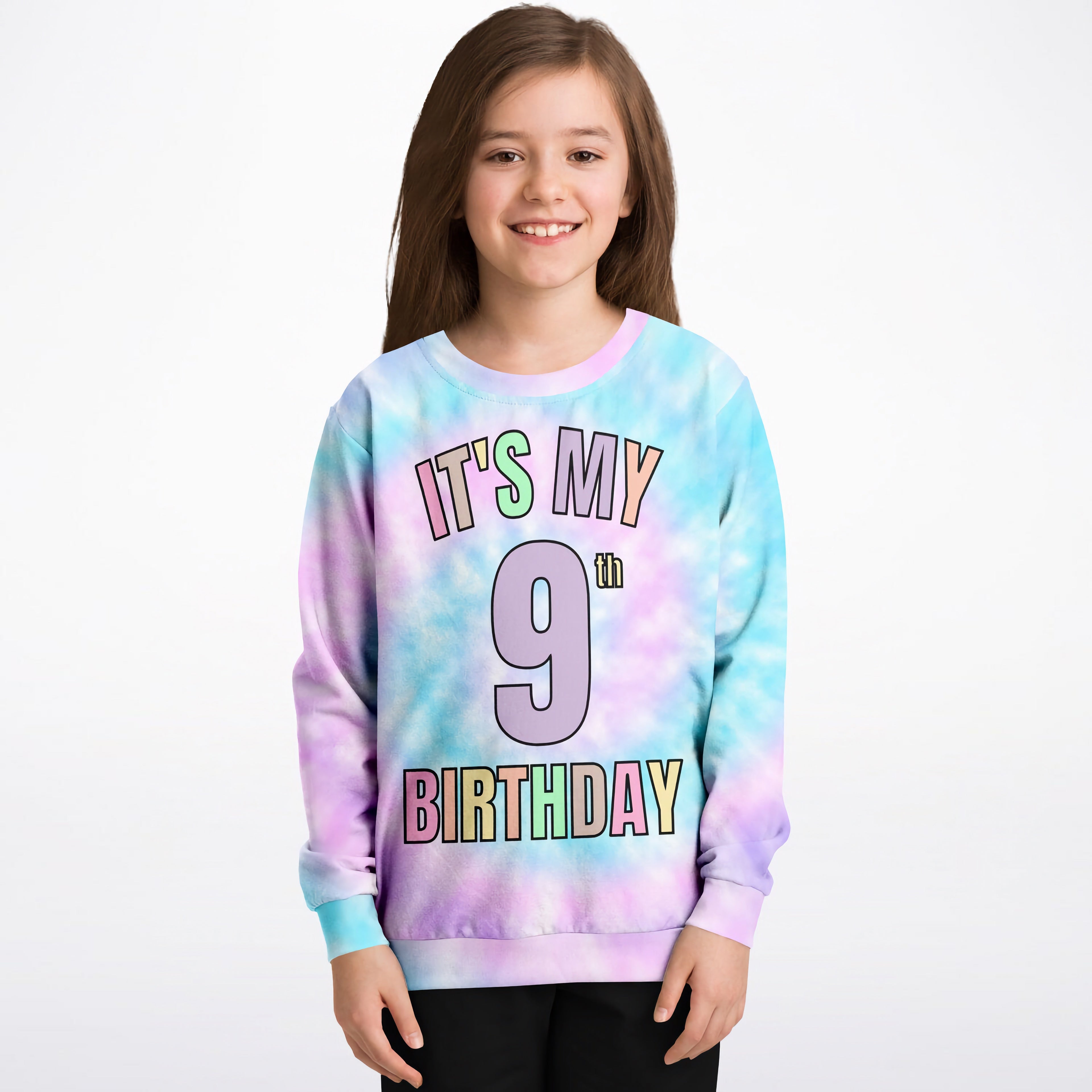 Girls pastel tie dye sweatshirt with its my 9th birthday colorful print in cozy cotton fleece or lightweight sports fabric