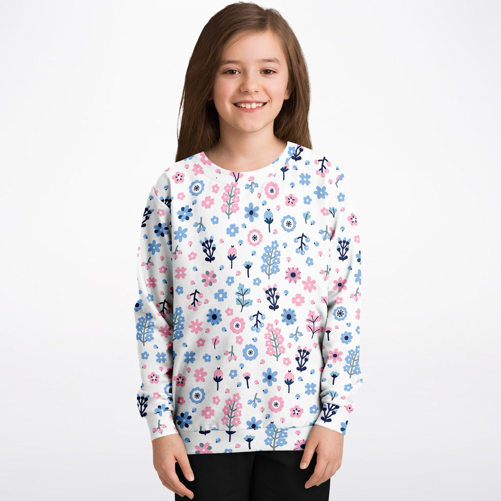 Girls Pink & Blue Floral Sweatshirt – Ultra Soft & Stretchy, Cozy Fleece or Lightweight Sports Fabric Sweatshirt – Ultra Soft & Stretchy, Cozy Fleece or Lightweight Sports Fabric