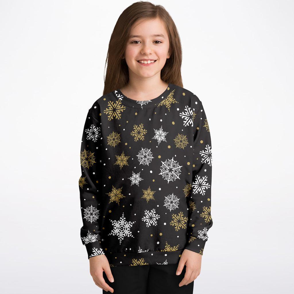 Kids Gold Snowflake Christmas Sweatshirt – Ultra Soft & Stretchy, Cozy Fleece or Lightweight Sports Fabric Sweatshirt – Ultra Soft & Stretchy, Cozy Fleece or Lightweight Sports Fabric