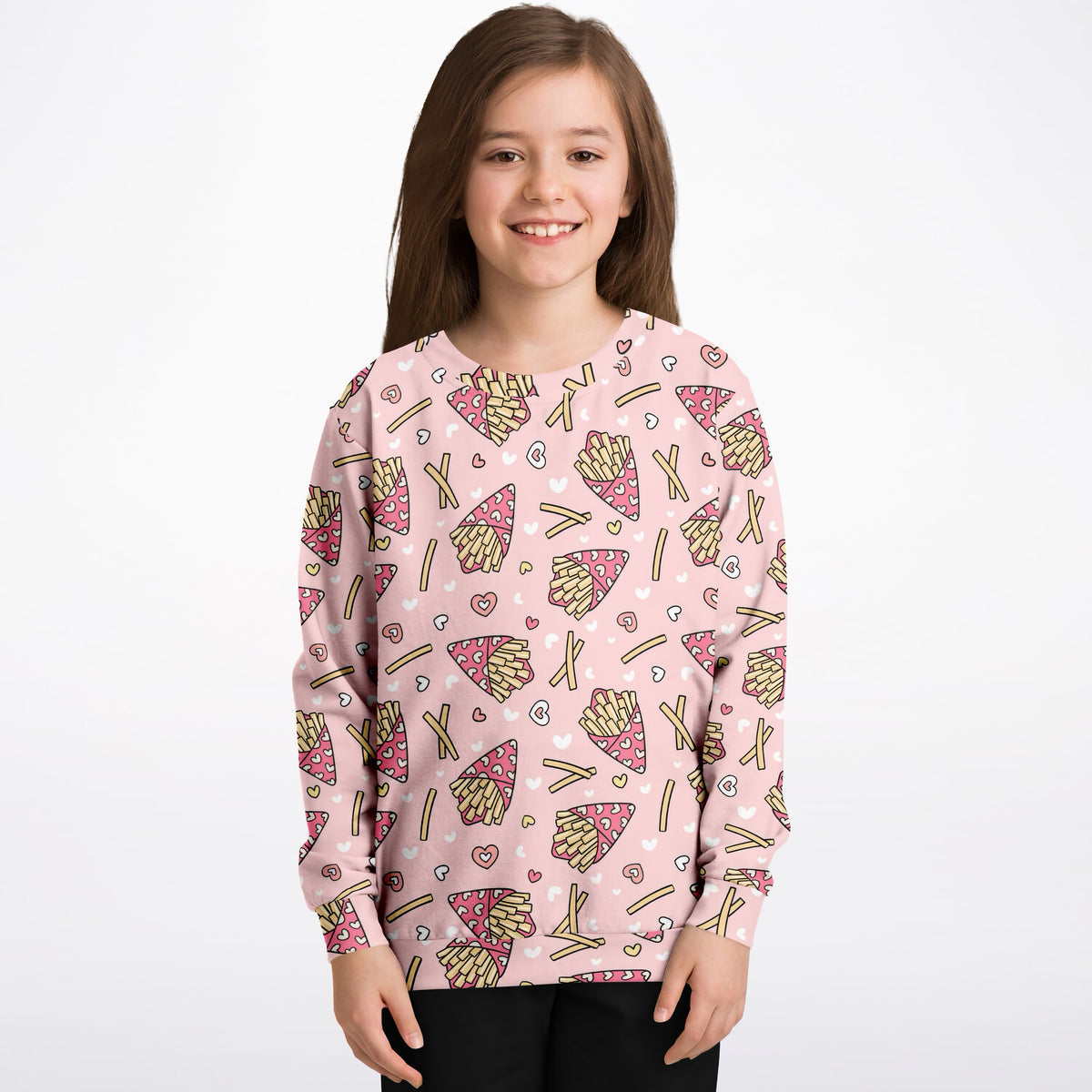 Girls Girls Pink French Fries & Hearts Sweatshirt – Ultra Soft & Stretchy, Cozy Fleece or Lightweight Sports Fabric Sweatshirt – Ultra Soft & Stretchy, Cozy Fleece or Lightweight Sports Fabric