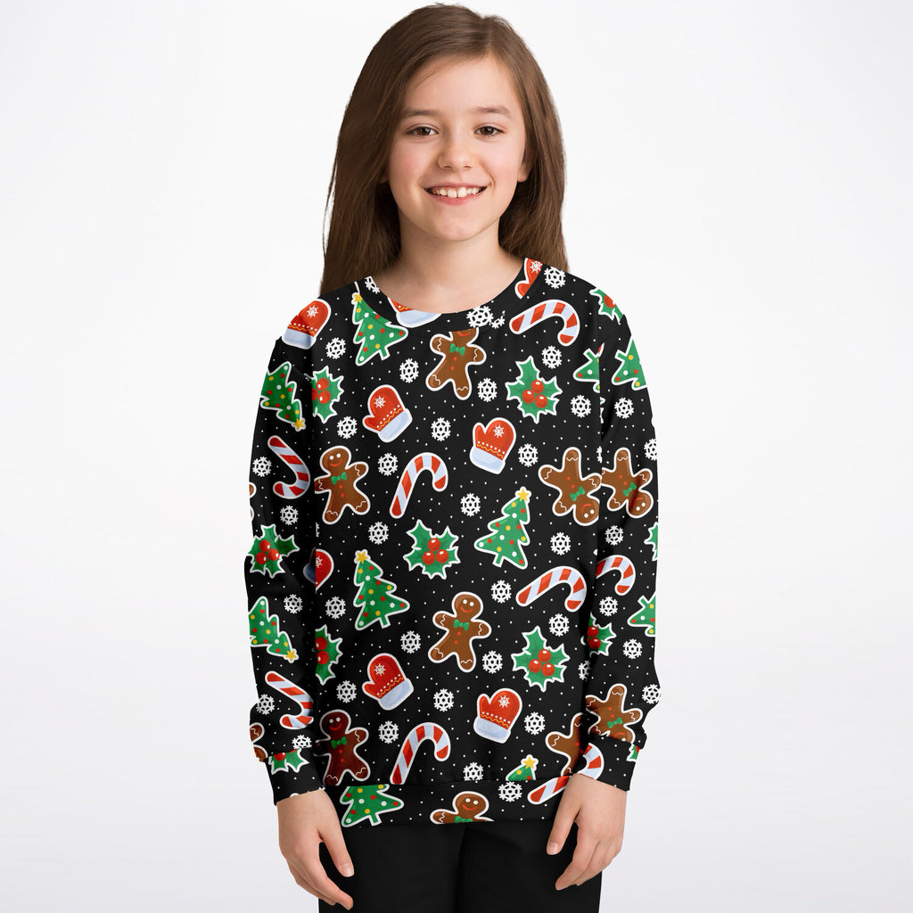 Kids Black Gingerbread Christmas Sweatshirt – Ultra Soft & Stretchy, Cozy Fleece or Lightweight Sports Fabric Sweatshirt – Ultra Soft & Stretchy, Cozy Fleece or Lightweight Sports Fabric