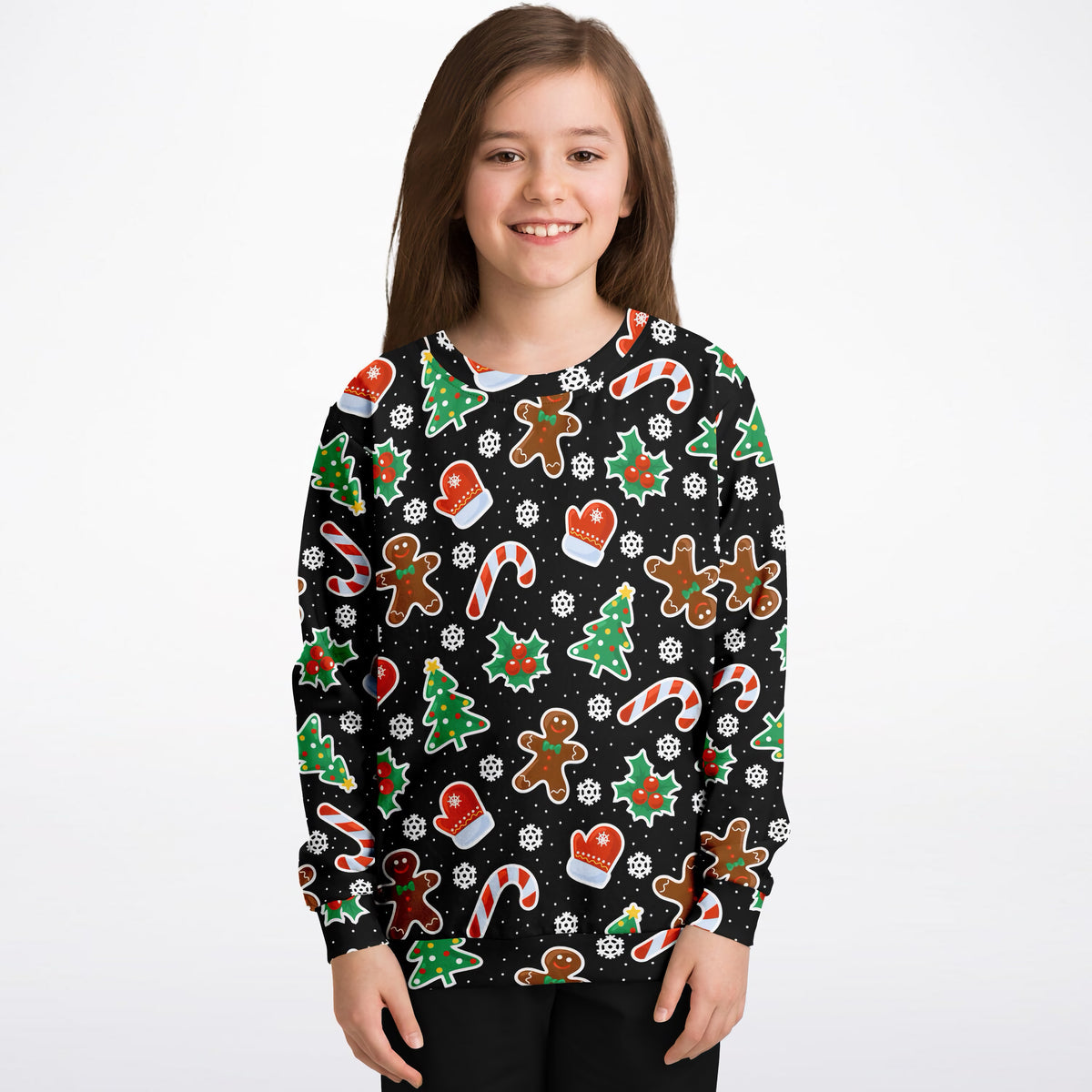 Kids Black Gingerbread Christmas Sweatshirt – Ultra Soft & Stretchy, Cozy Fleece or Lightweight Sports Fabric Sweatshirt – Ultra Soft & Stretchy, Cozy Fleece or Lightweight Sports Fabric