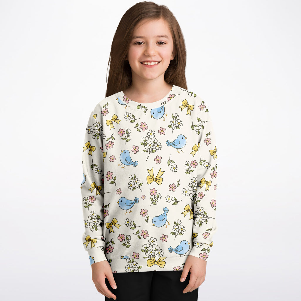 Girls Floral Blue Bird Sweatshirt – Ultra Soft & Stretchy, Cozy Fleece or Lightweight Sports Fabric Sweatshirt – Ultra Soft & Stretchy, Cozy Fleece or Lightweight Sports Fabric