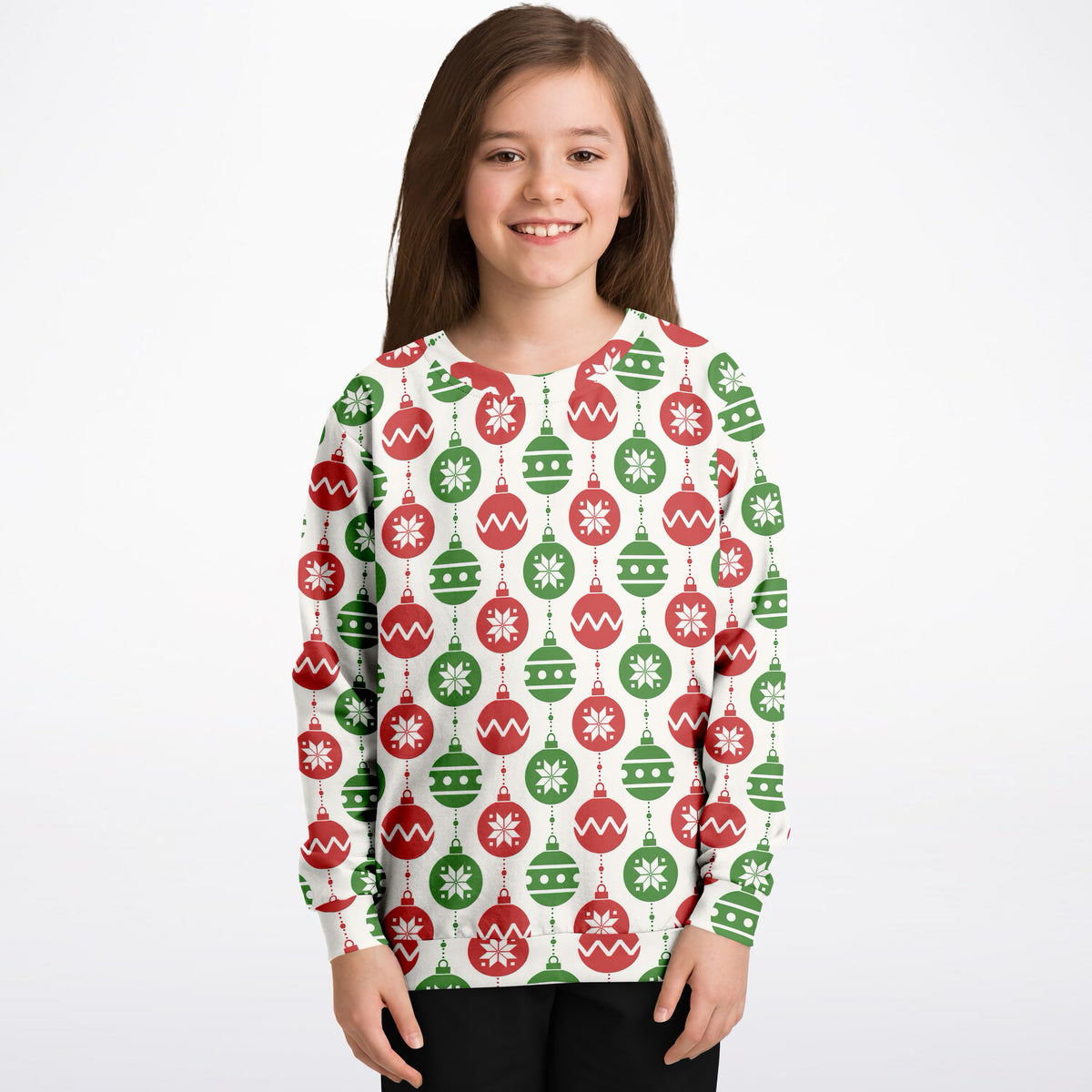 Kids Red & Green Christmas Ornament Sweatshirt – Ultra Soft & Stretchy, Cozy Fleece or Lightweight Sports Fabric Sweatshirt – Ultra Soft & Stretchy, Cozy Fleece or Lightweight Sports Fabric